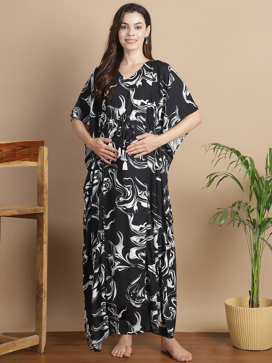 

Secret Wish Abstract Printed V-Neck Maxi Maternity Kaftan Nightdress, Black