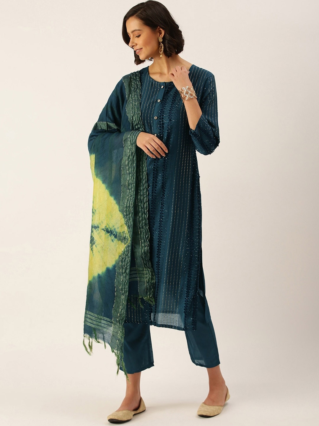 

all about you Embroidered Round Neck Straight Kurta with Trousers & Dupatta, Teal