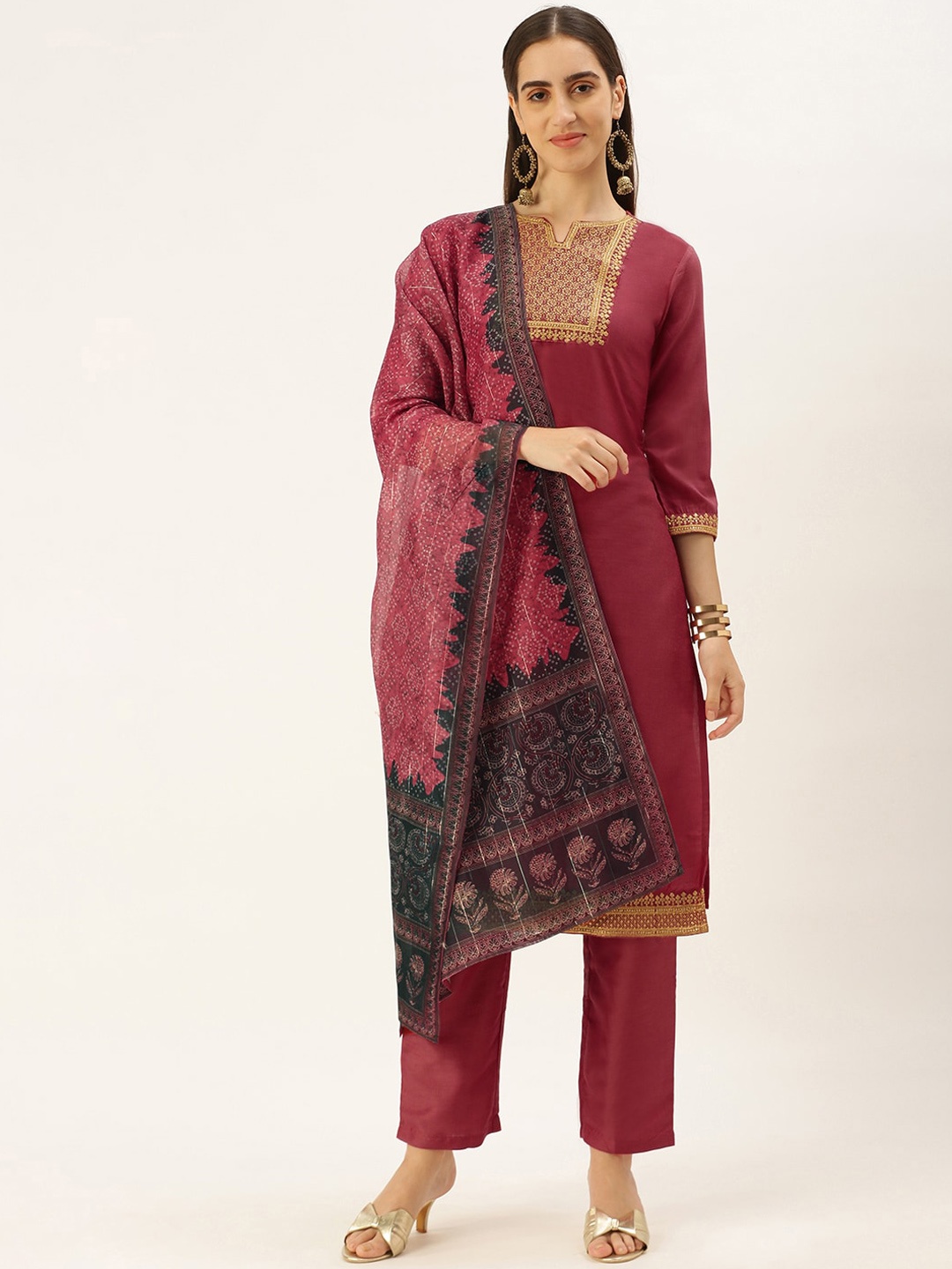 

all about you Ethnic Motifs Embroidered Notched Neck Kurta with Trousers & Dupatta, Pink