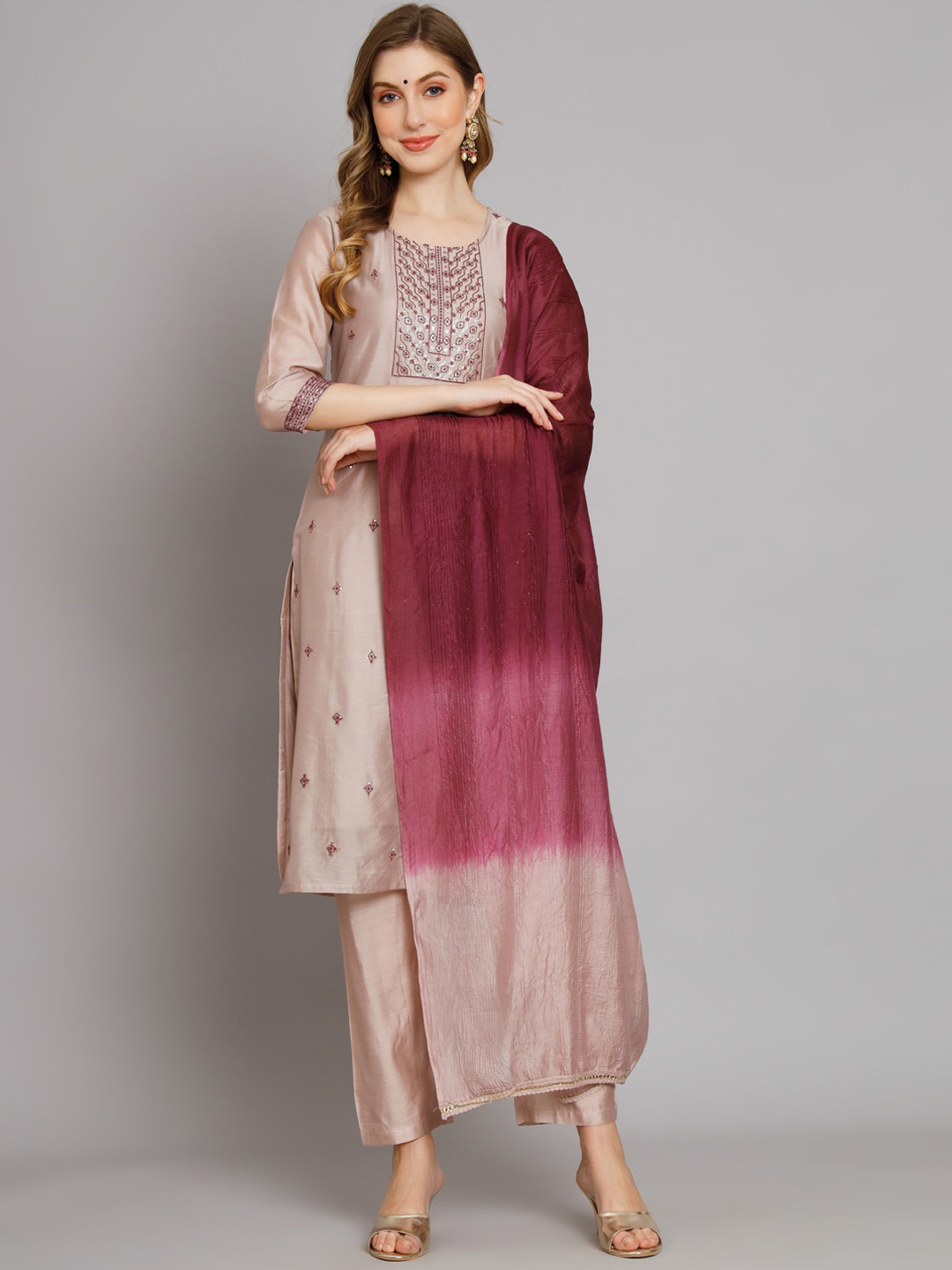 

all about you Ethnic Motifs Embroidered Round Neck Kurta with Trousers & Dupatta, Mauve