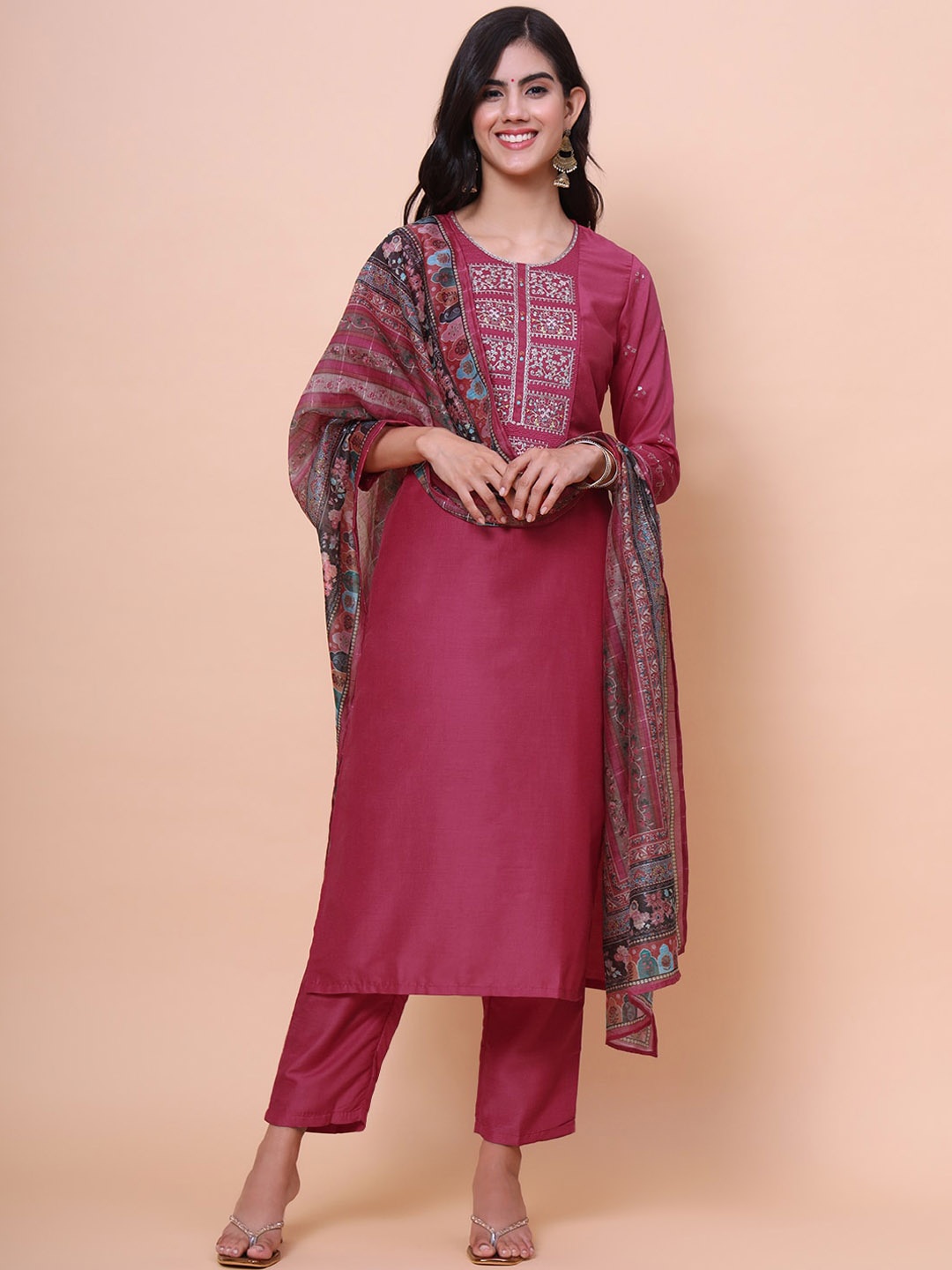 

all about you Yoke Design Round Neck Kurta with Trousers & Dupatta, Pink