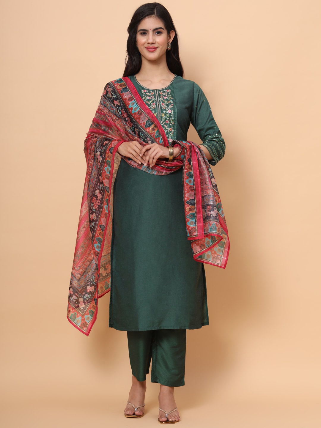 

all about you Embroidered Regular Sequinned Kurta with Trousers & Dupatta, Green