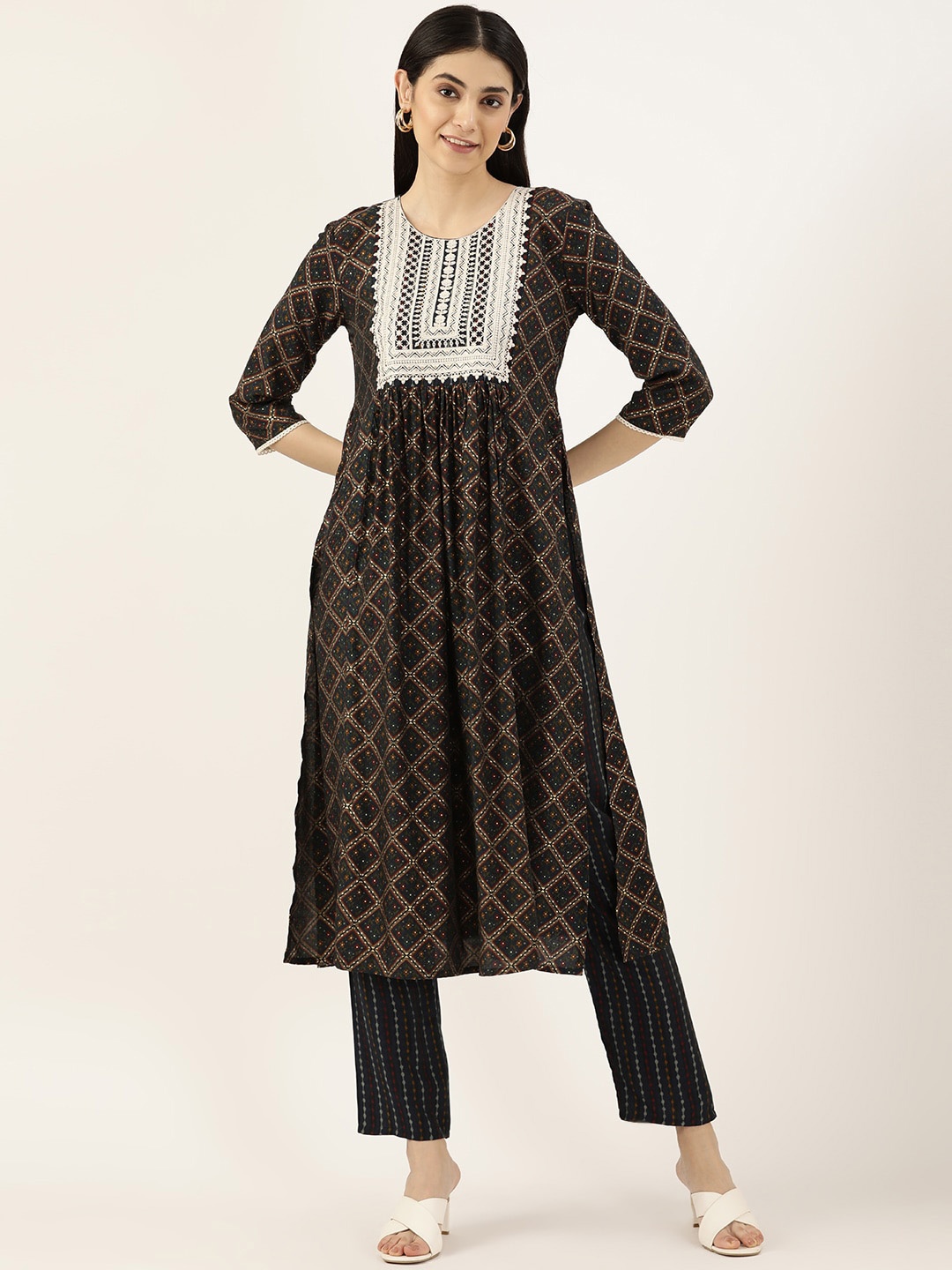 

all about you Ethnic Motifs Printed Empire Thread Work Kurta with Trousers, Navy blue