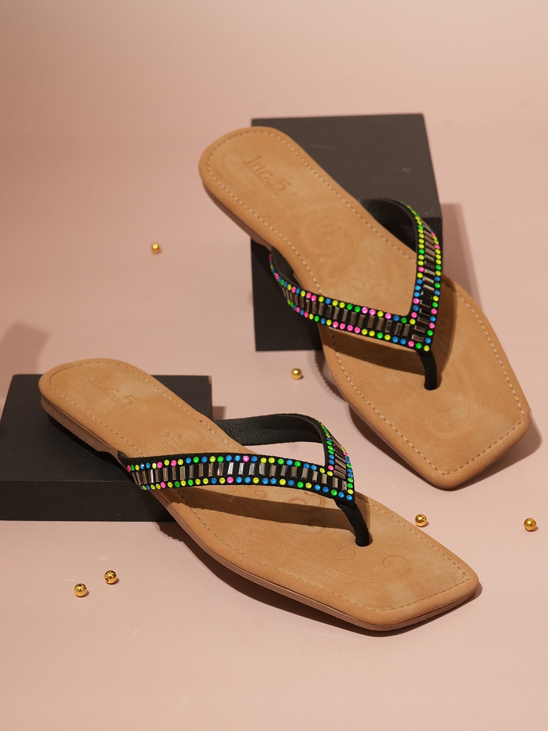 

Inc 5 Embellished Open Toe T-Straps Flats, Beige