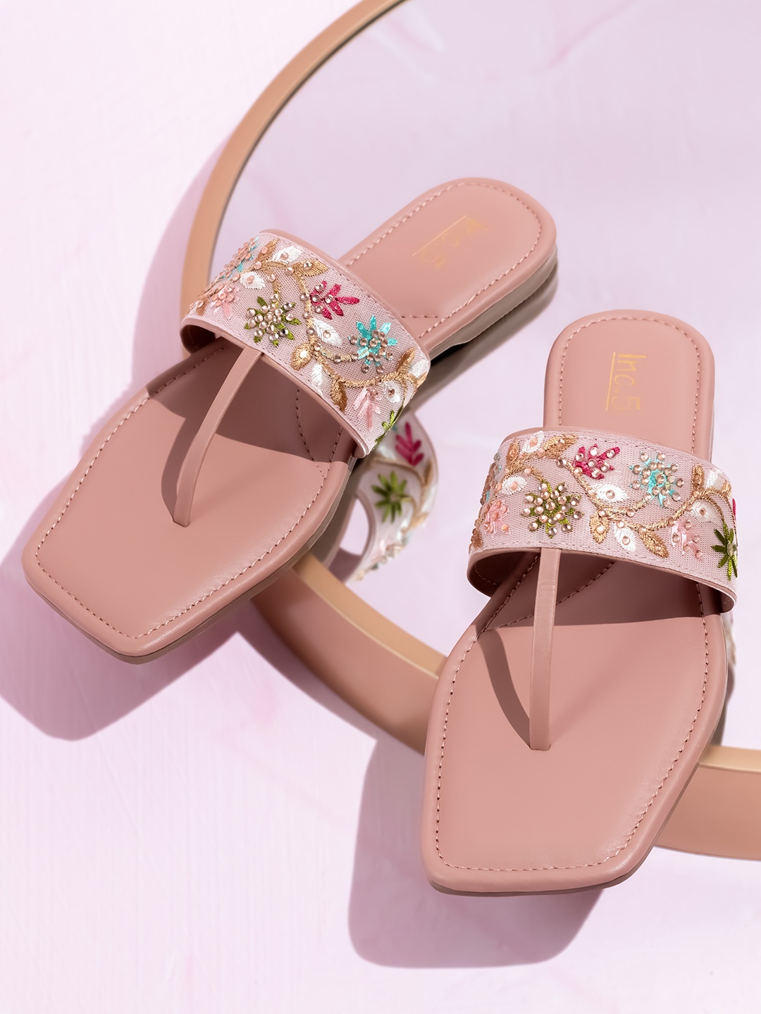 

Inc 5 Embroidered T-Strap Flats, Peach