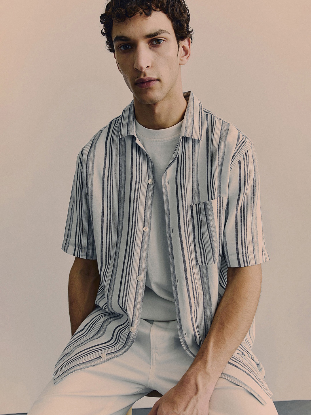 H&M Regular Fit Linen-Blend Resort Shirt, Grey