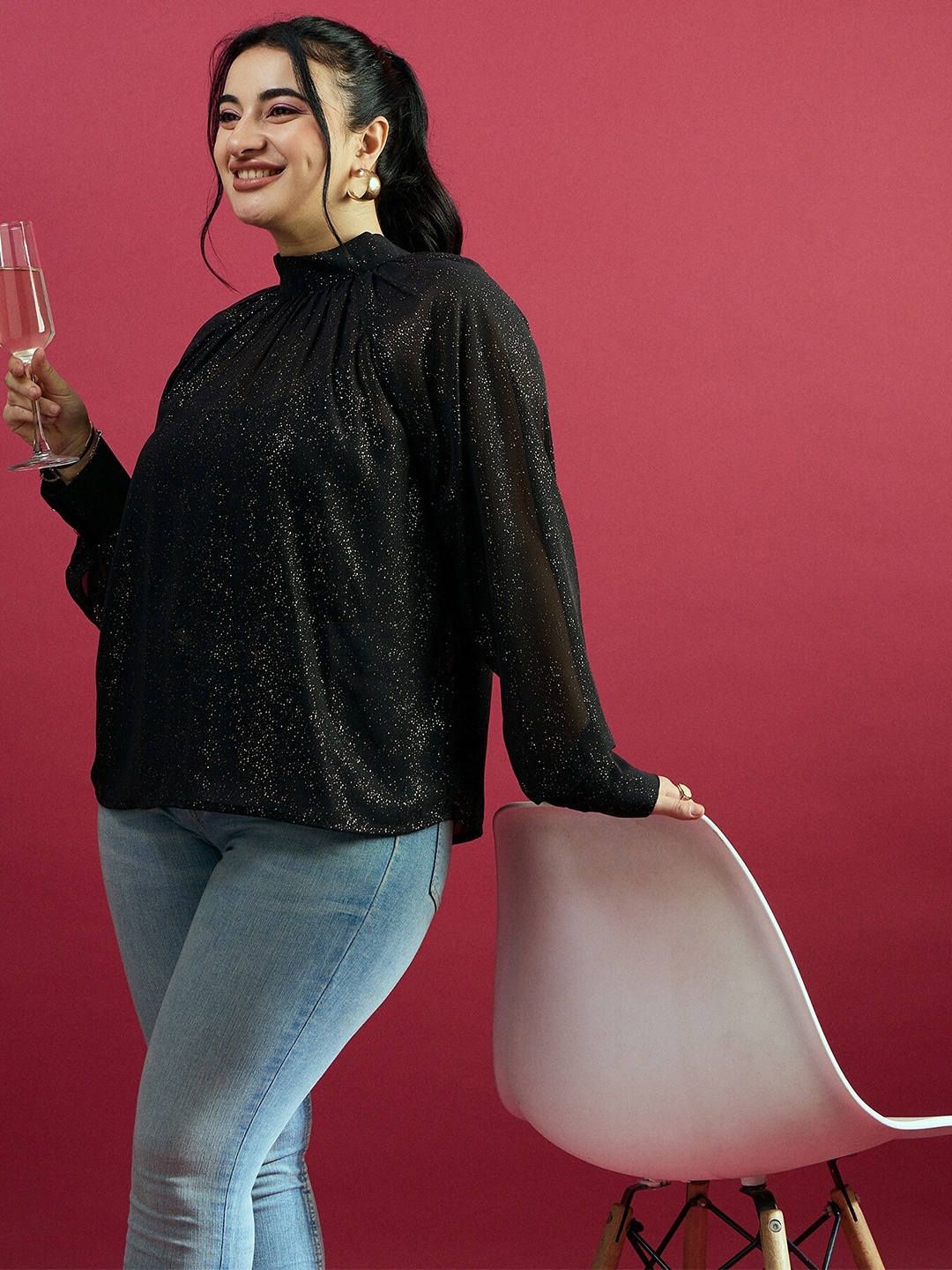 

CURVE BY KASSUALLY Sparkle Foil Knitted Bell Sleeve Sheer Georgette Top, Black