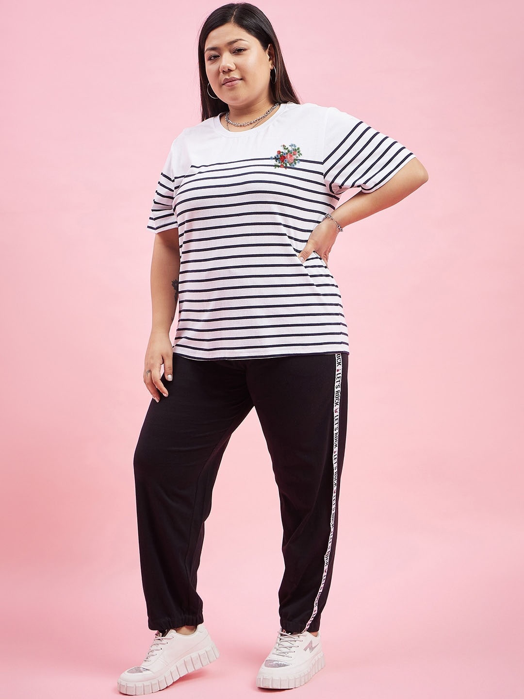 

AUSTIVO Plus Size Striped T-Shirt With Joggers Co-Ords, White