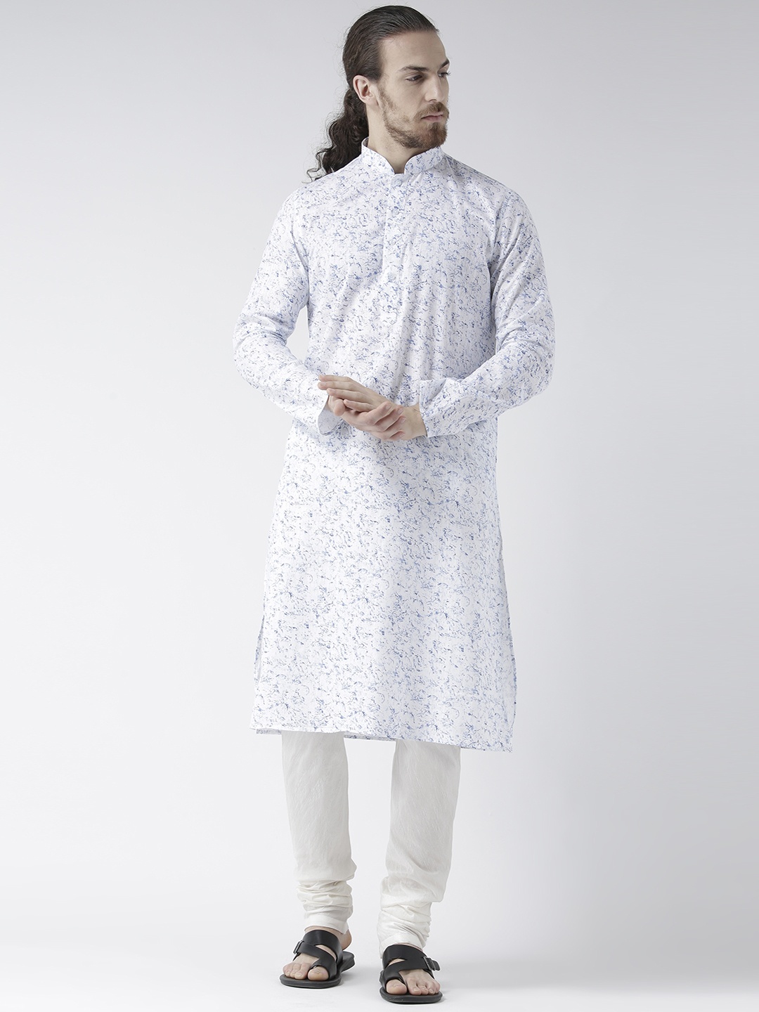 

DEYANN Men White & Blue Printed Straight Kurta