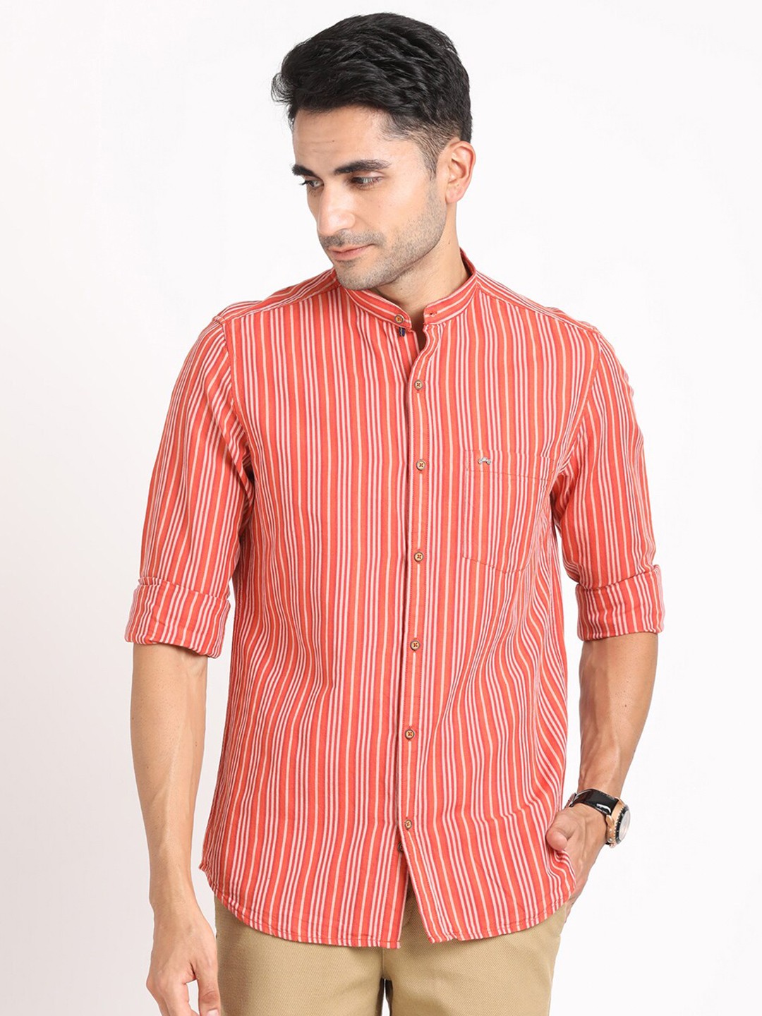 

Turtle Men Relaxed Slim Fit Opaque Striped Casual Shirt, Orange