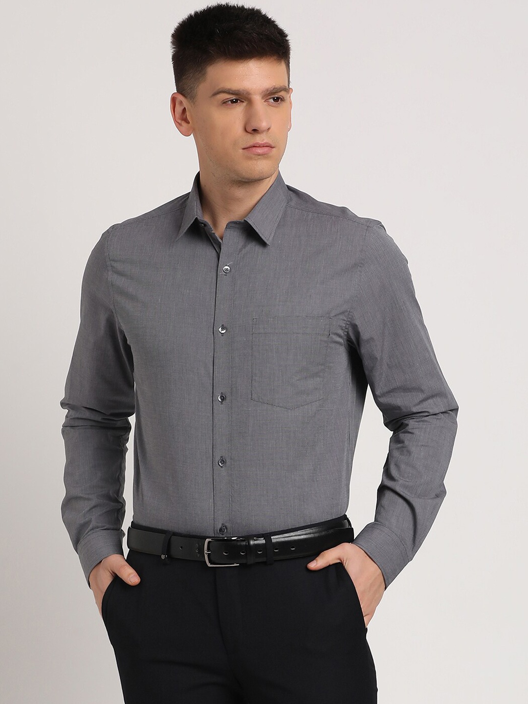 

Turtle Men Classic Micro Checks Opaque Printed Formal Shirt, Grey