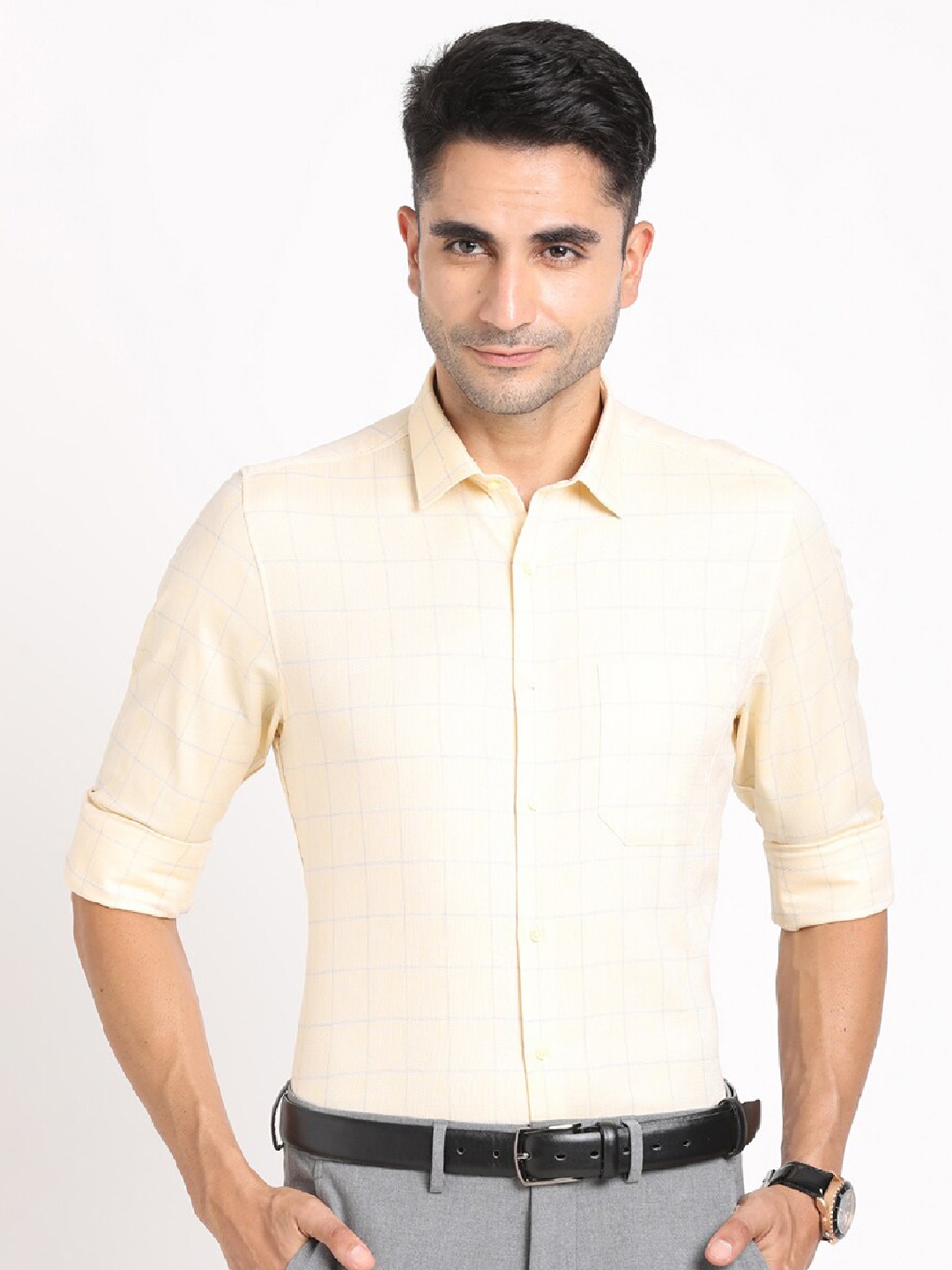 

Turtle Men Classic Slim Fit Opaque Checked Formal Shirt, Yellow