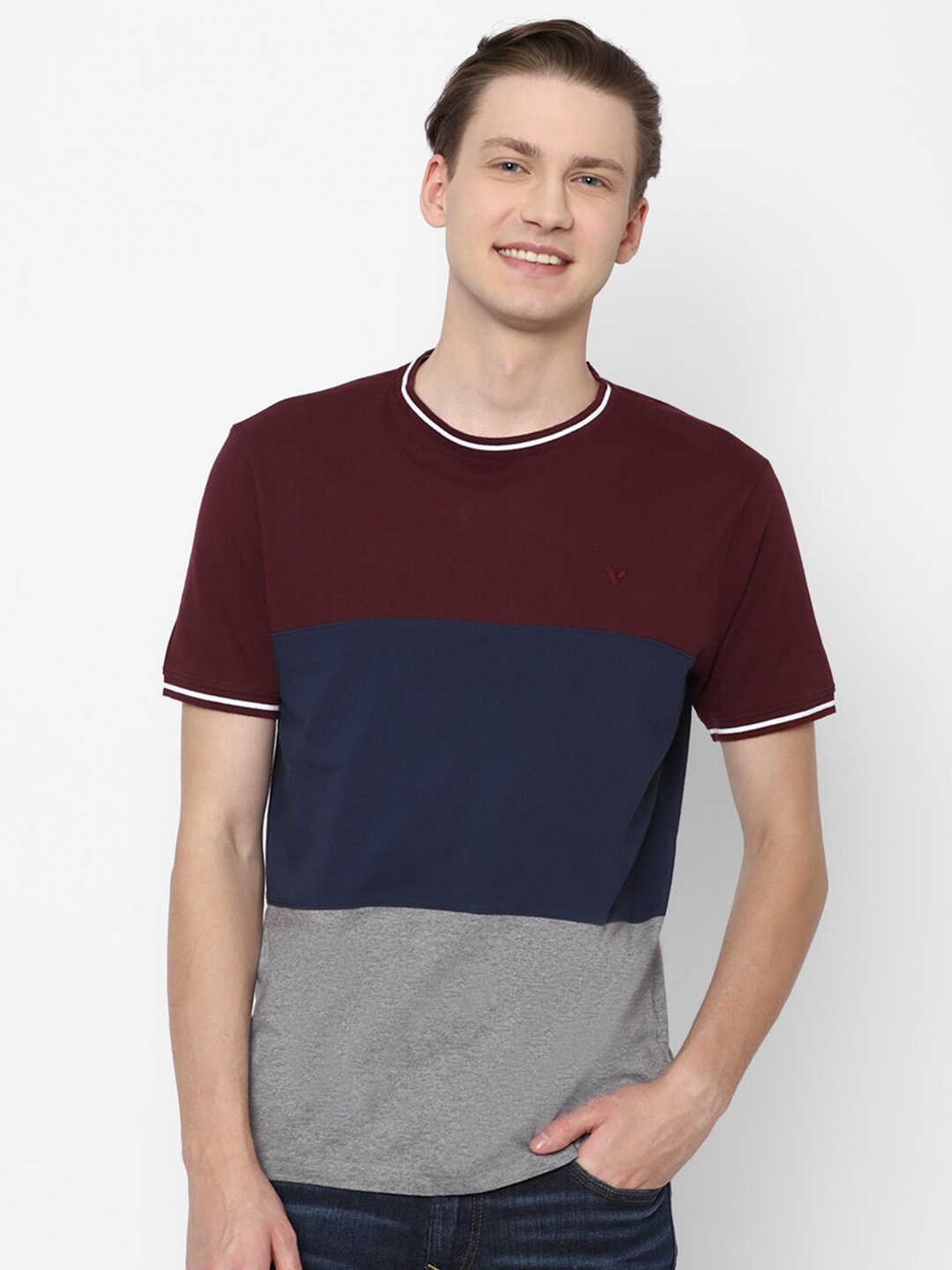 AMERICAN EAGLE OUTFITTERS Colourblocked Round neck Cotton T-shirt, Burgundy
