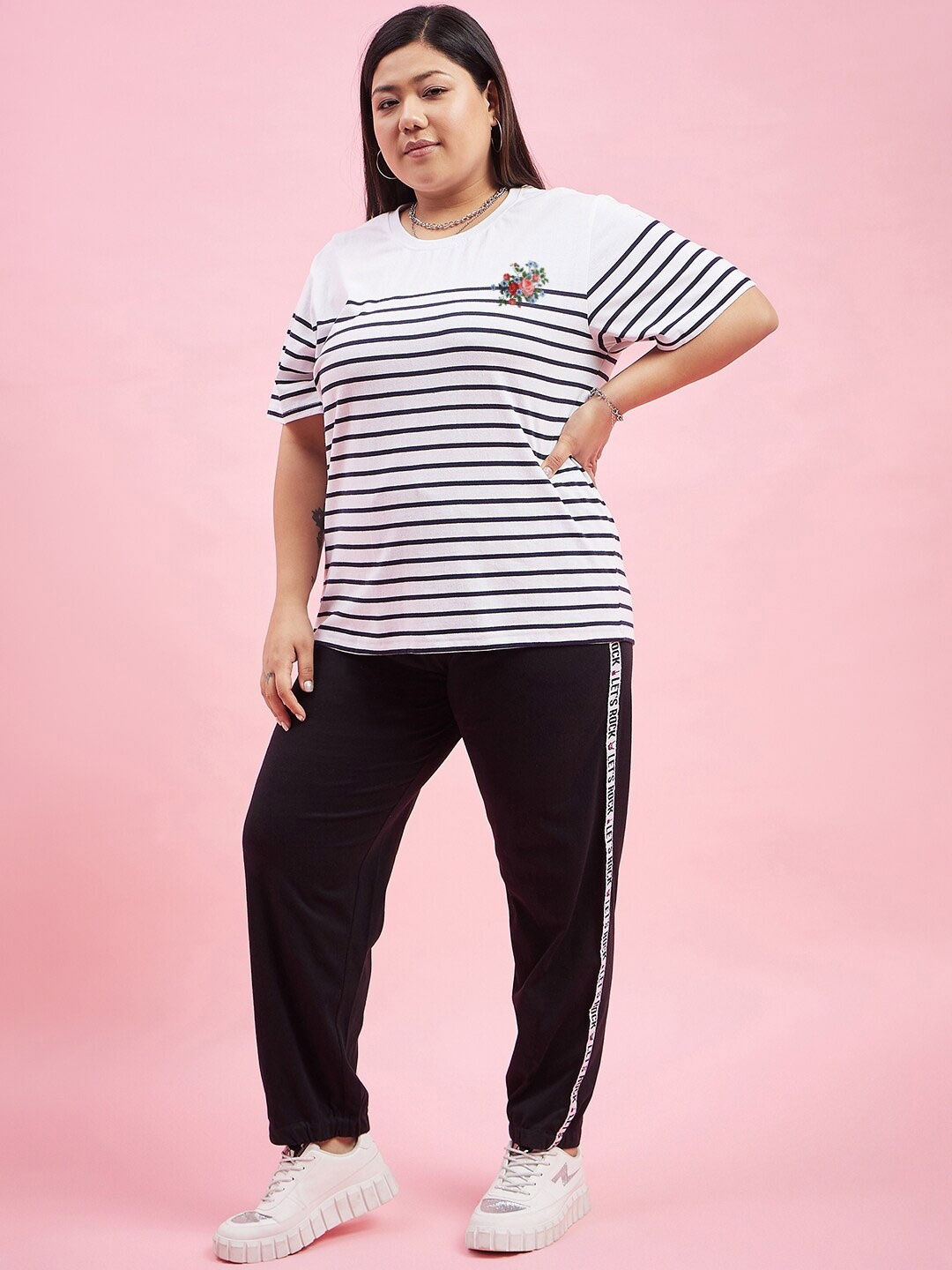 

AUSTIVO Plus Size Striped T-Shirt & Trouser Co-Ords, White