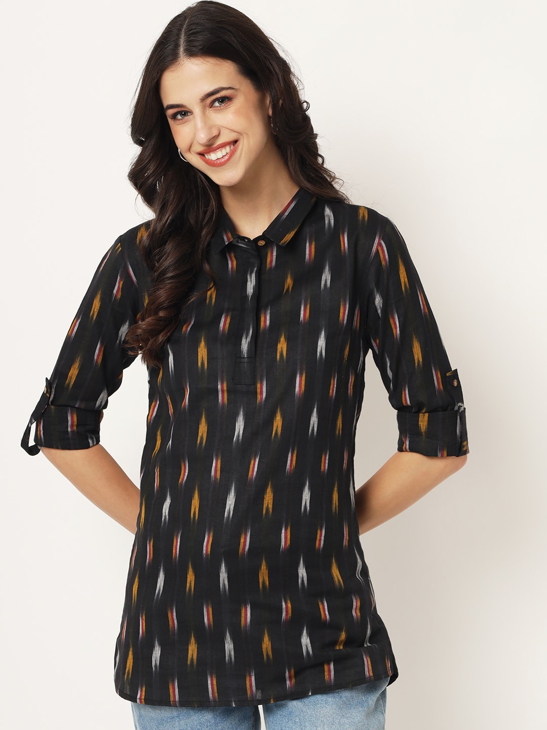 

KALINI Geometric Print Roll-Up Sleeves Cotton Shirt Style Longline Top, Black