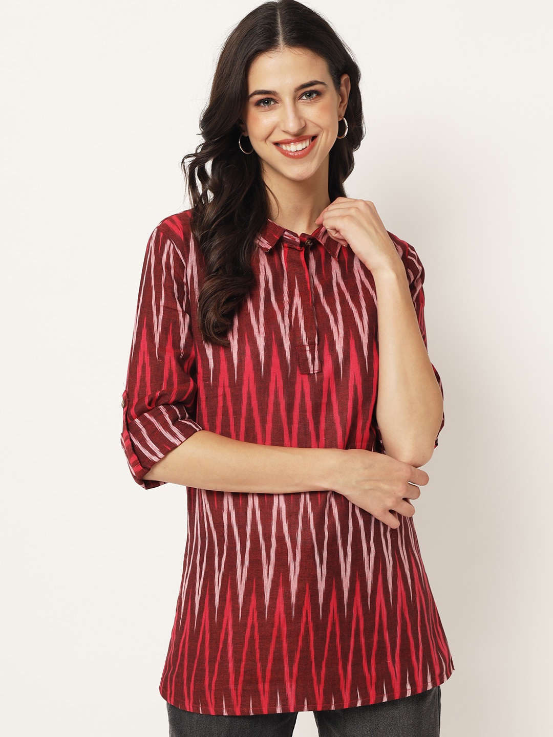 

KALINI Striped Tie-Up Neck Cotton Top, Maroon
