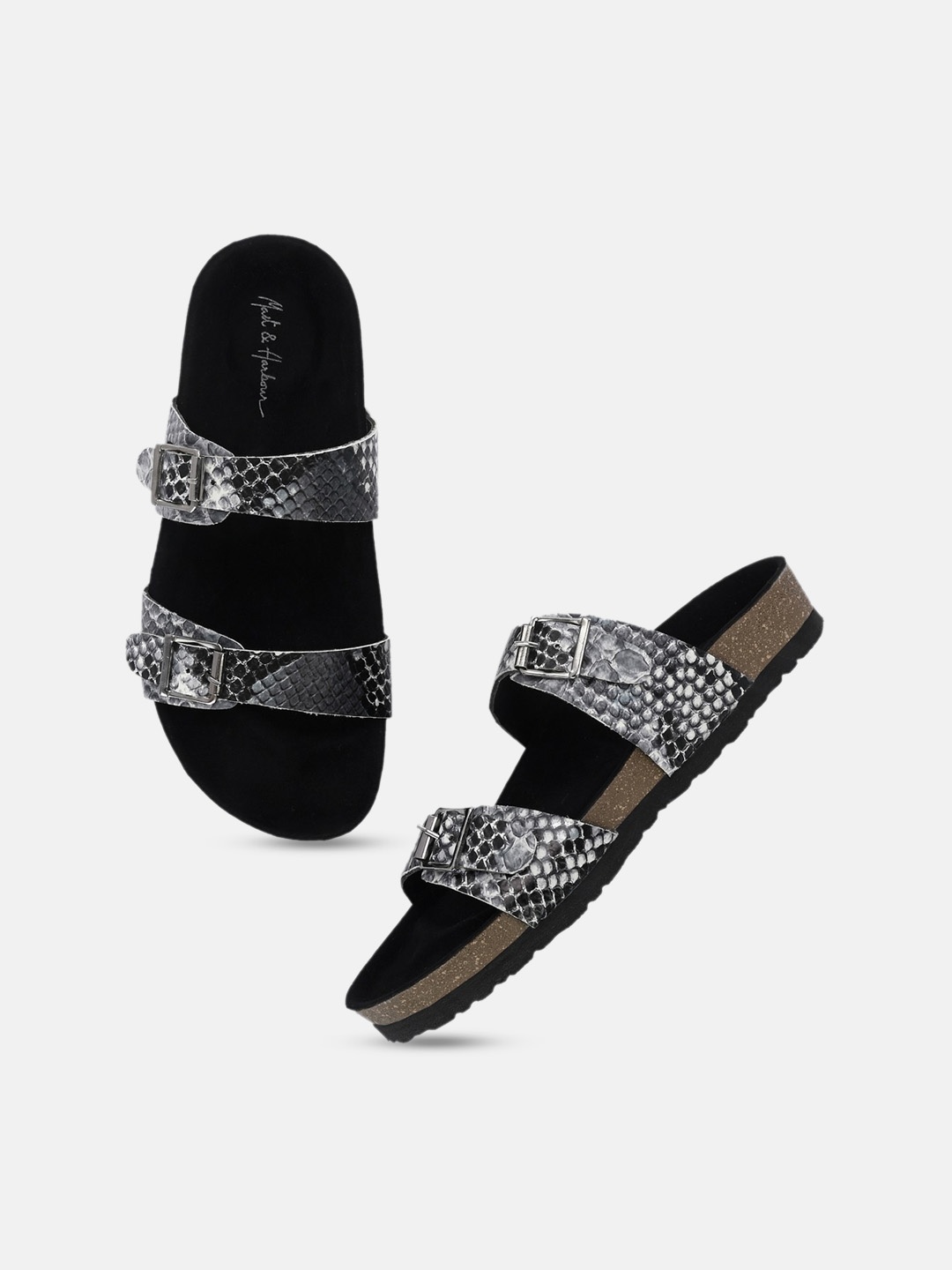 

Mast & Harbour Women Printed Open Toe Flats with Buckles, Black