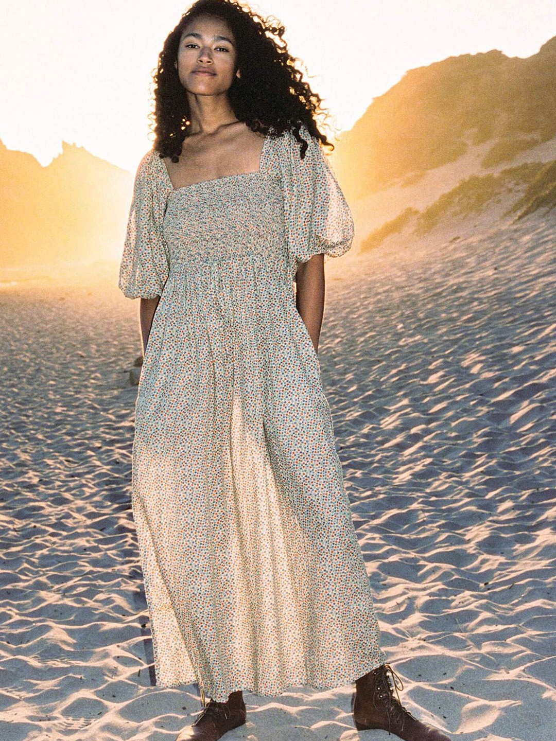 

LULU & SKY Women Square Neck Puff Sleeve Polyester Fit and Flare Maxi Dress, White