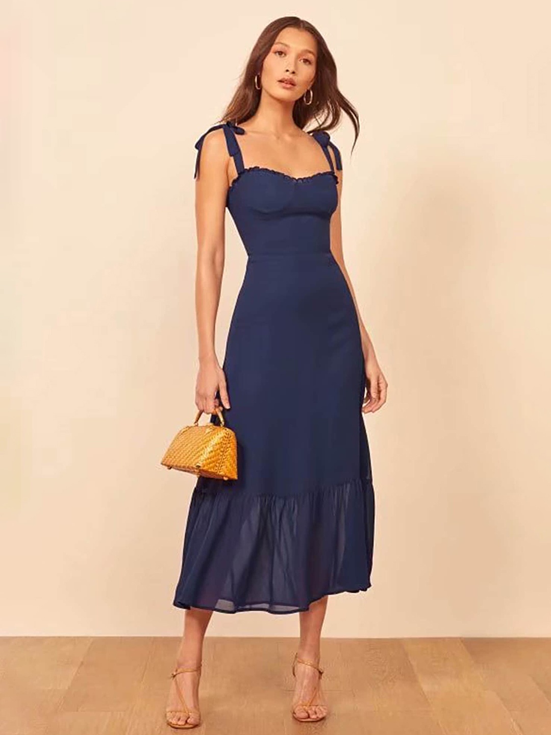 

LULU & SKY Women Sweetheart Neck Polyester A-Line Midi Dress, Navy blue