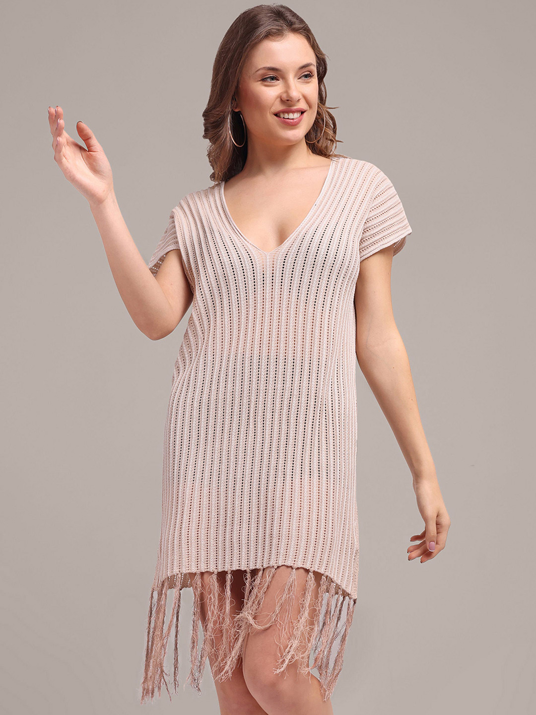 

iki chic Beige Self Design Fringe Hem Swimwear Cover up Dress