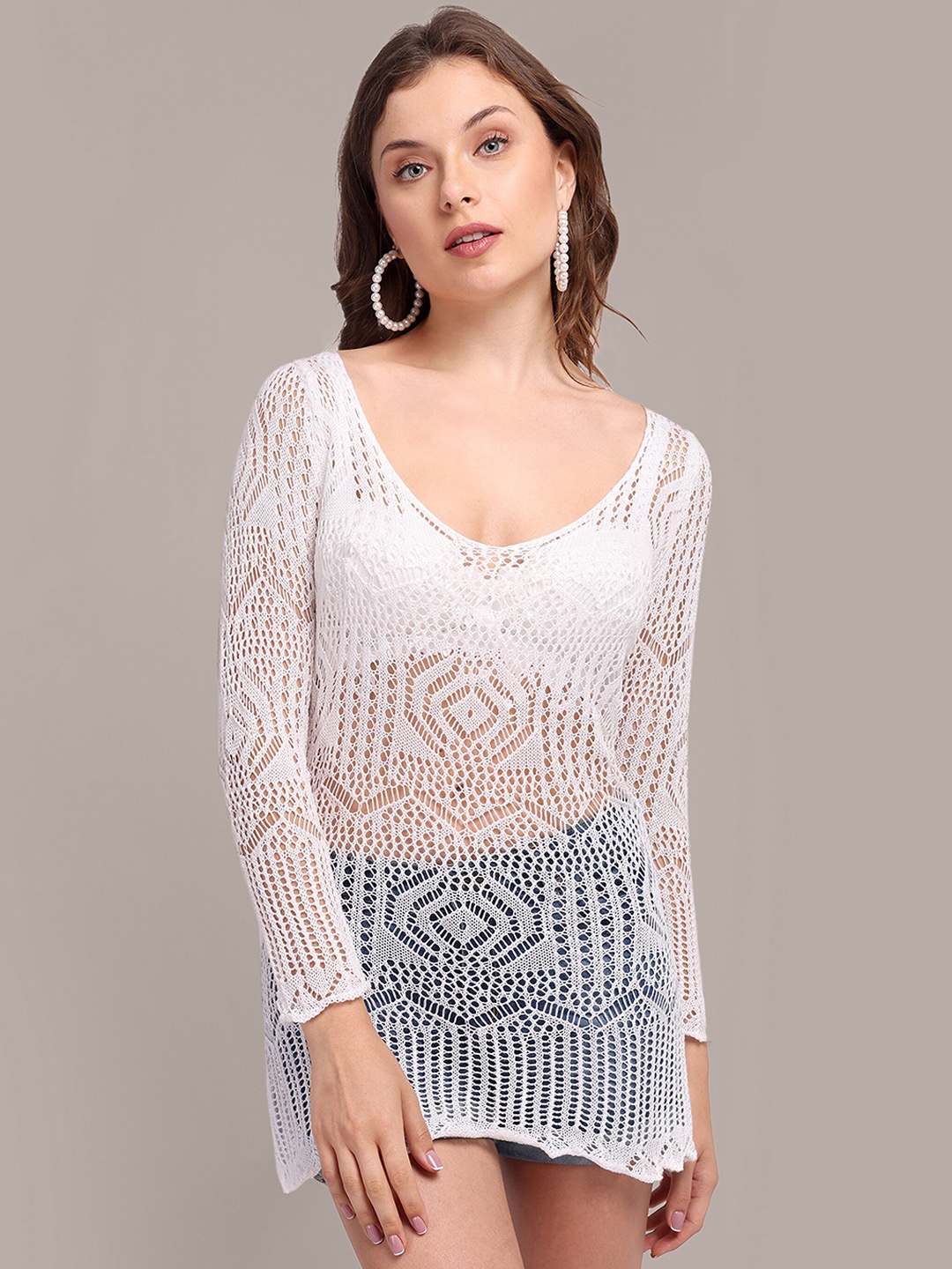 

iki chic Floral Lace Scoop Neck Pure Cotton Swimwear Coverup Dress with Belt, White