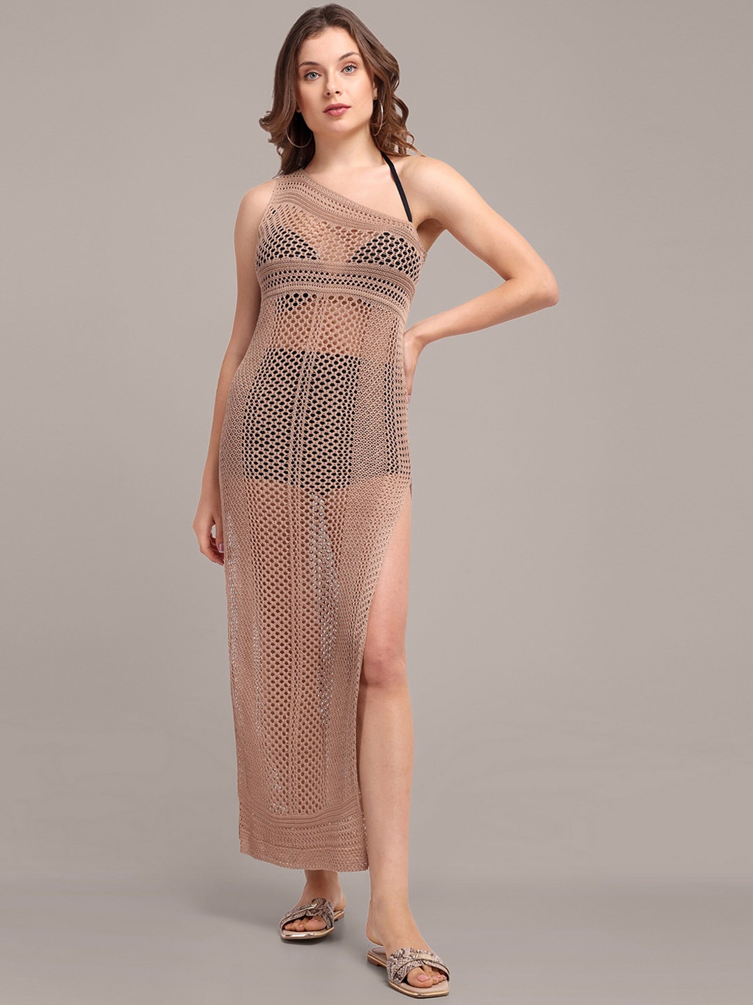 

iki chic Brown Self Design One Shoulder Swimwear Cover up Top