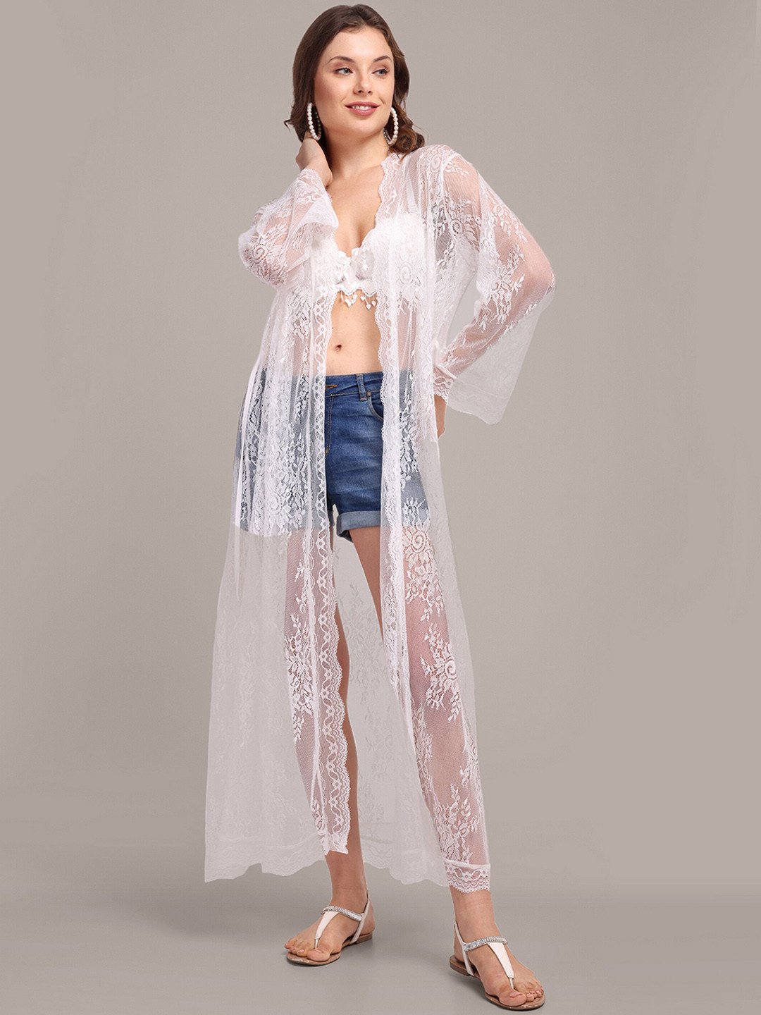 

iki chic White Floral Laced Net Swimwear Cover up Top