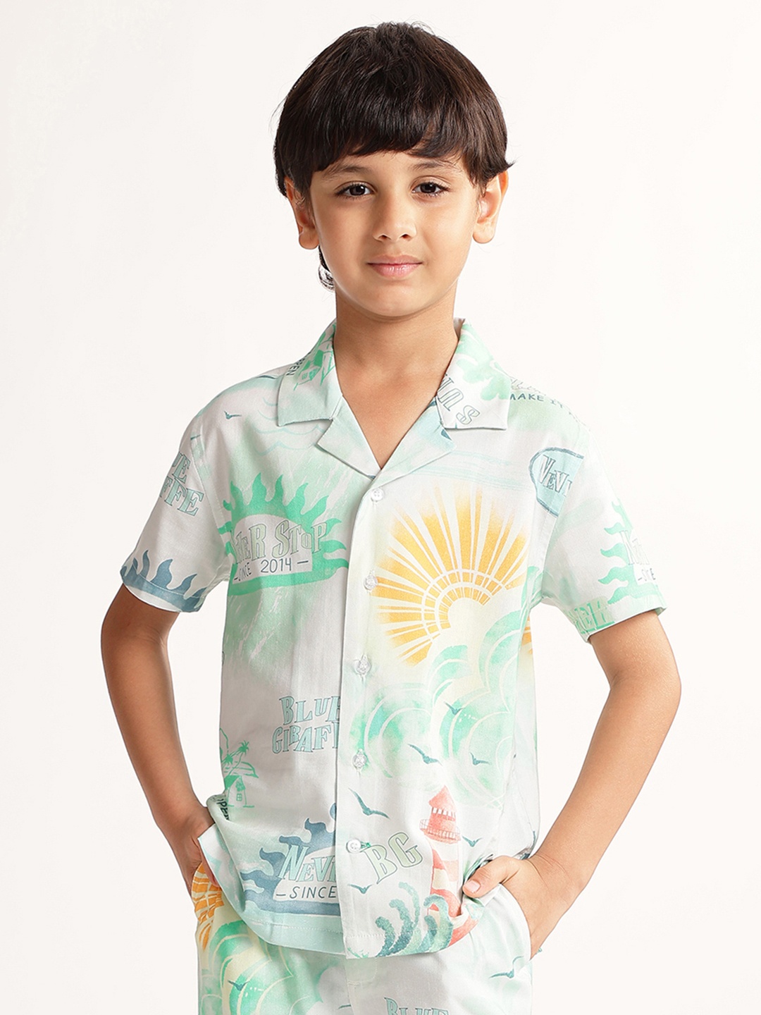 

Blue Giraffe Boys Opaque Printed Casual Shirt, White