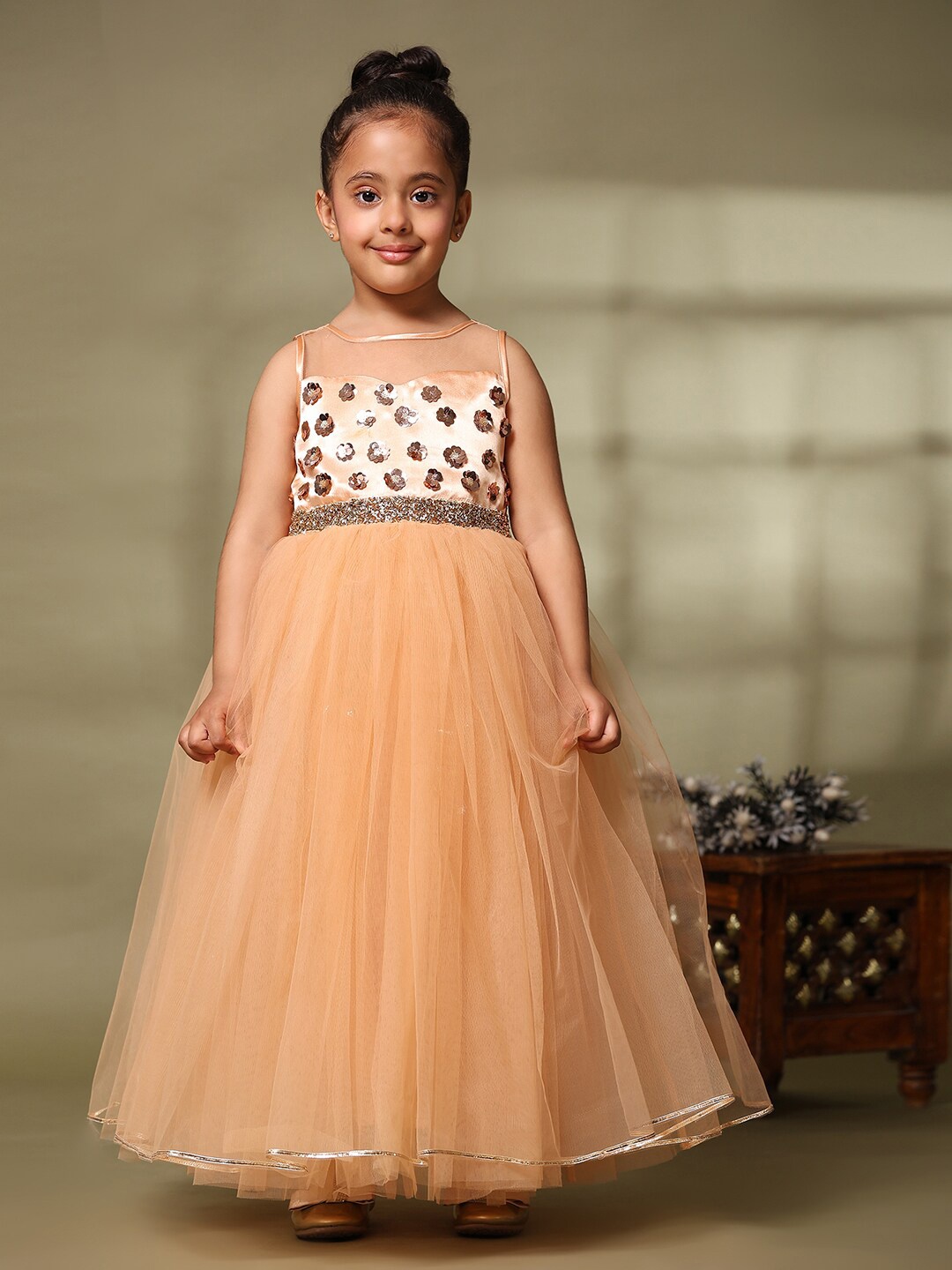 

Toy Balloon kids Girls Embellished Net Fit & Flare Maxi Dress, Peach