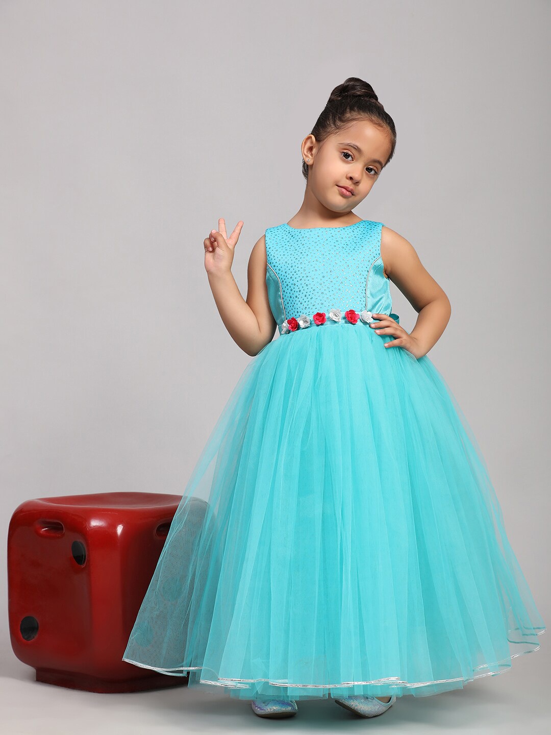 

Toy Balloon kids Girls Applique Net Fit & Flare Maxi Dress, Turquoise blue