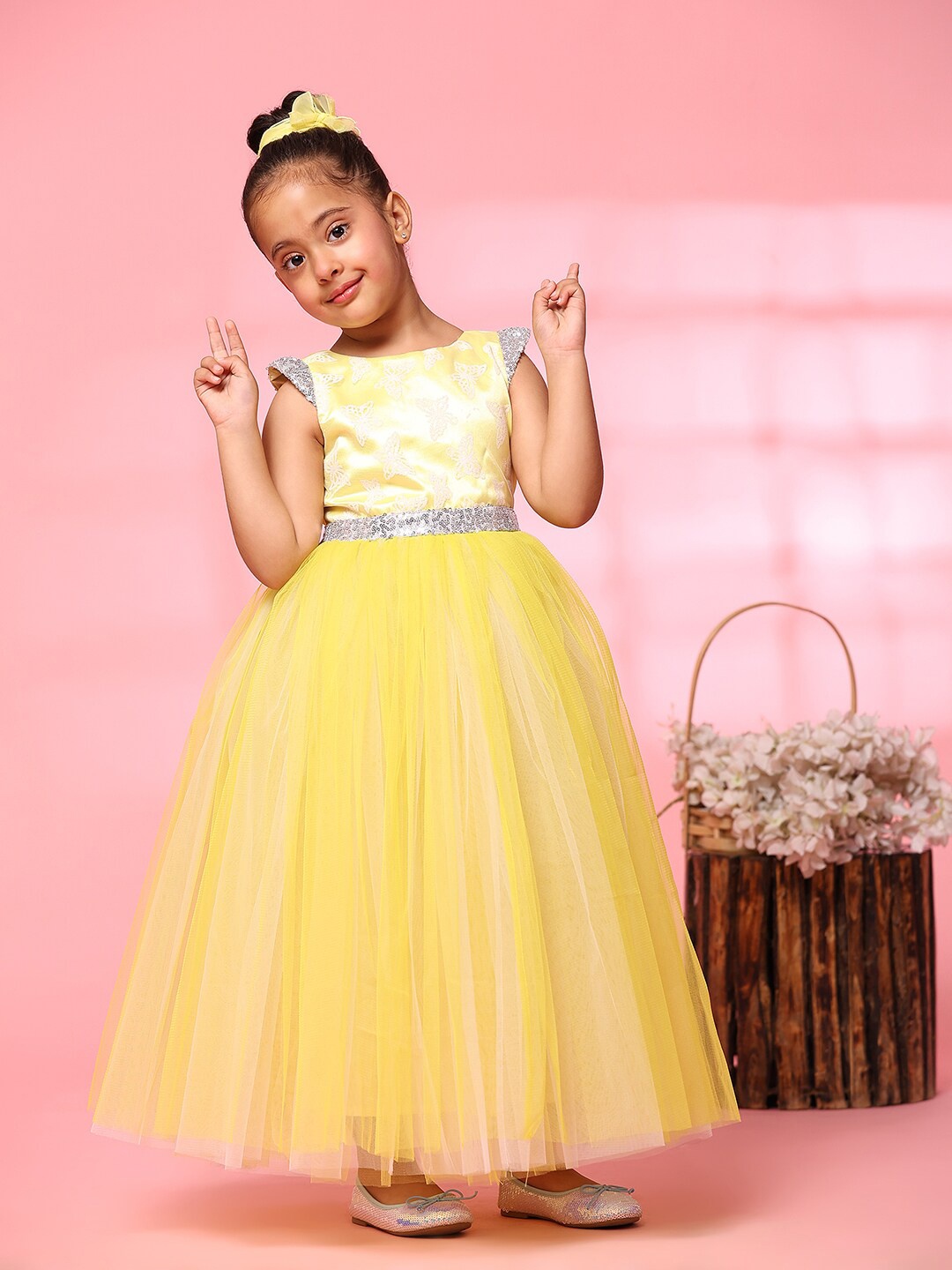 

Toy Balloon kids Girls Cap Sleeve Net Maxi Dress, Yellow