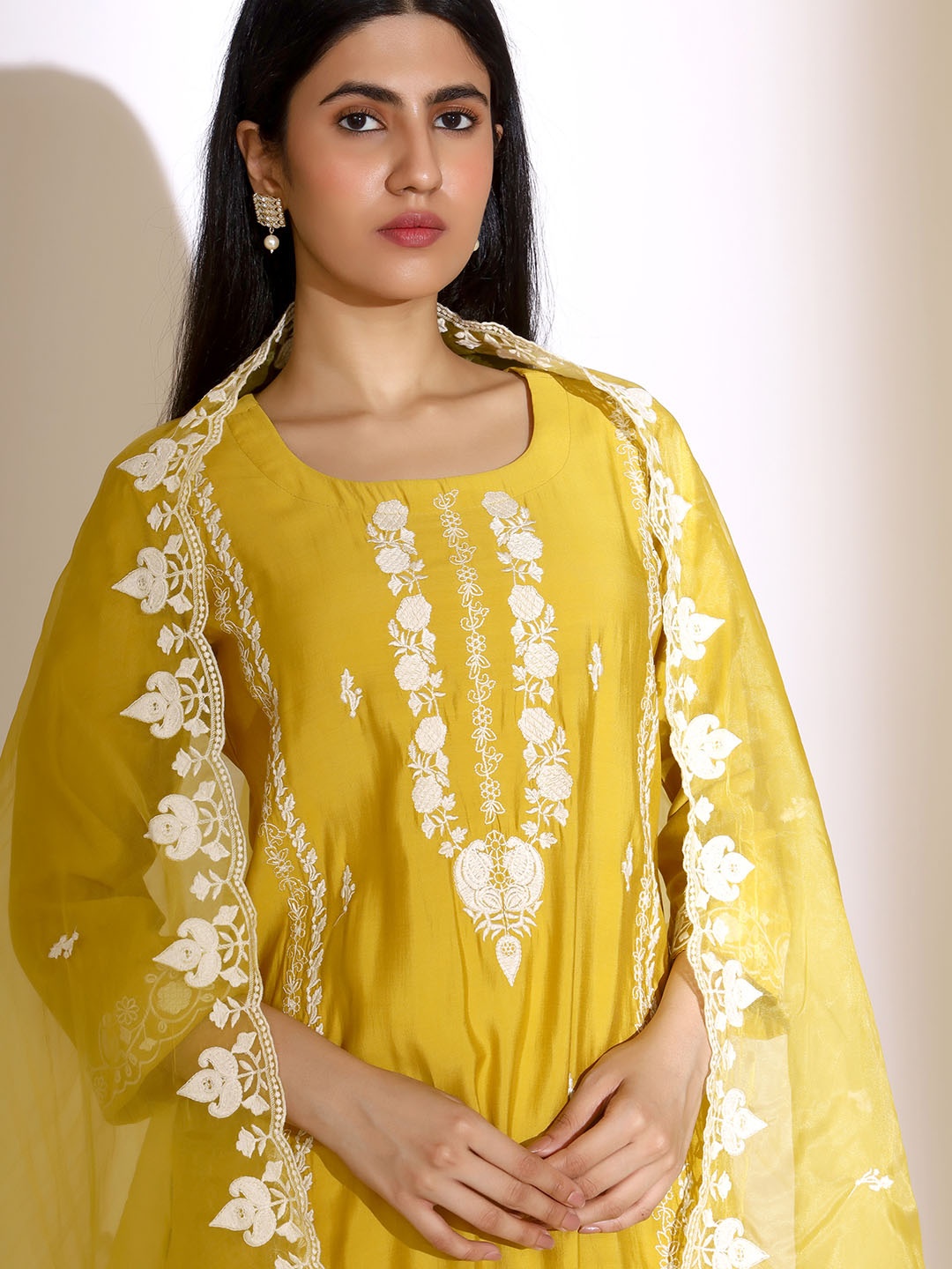 

Ishin Embroidered Yoke Straight Kurta with Pants & Scallop Organza Dupatta, Mustard