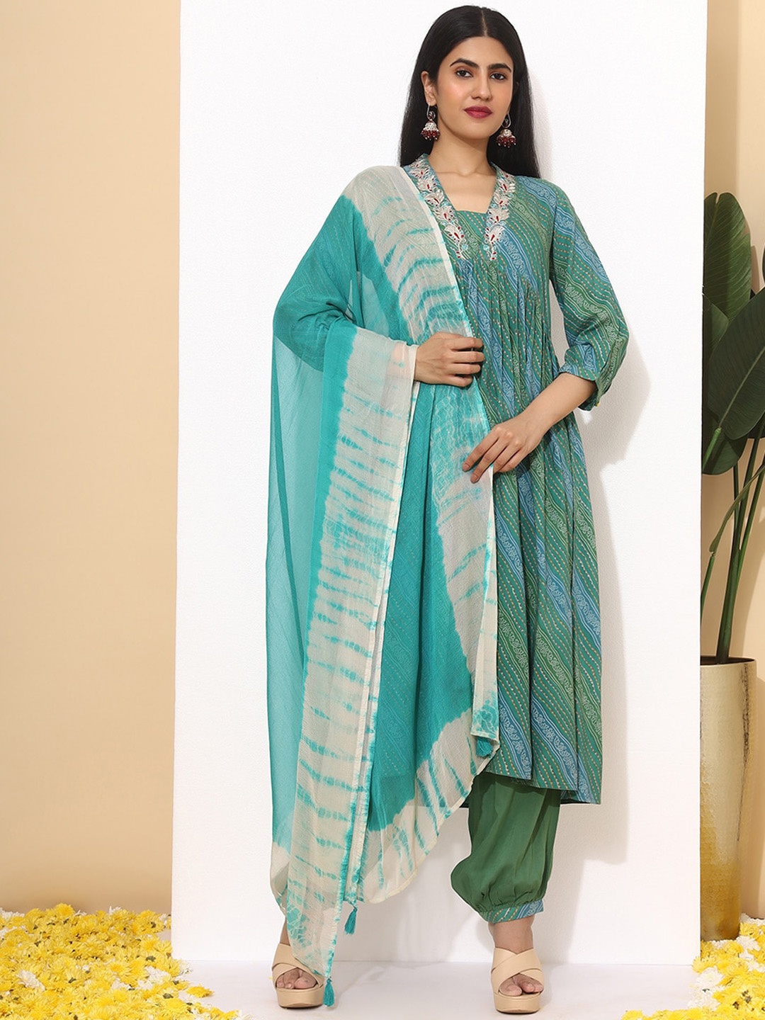 

Ishin Bandhani Embroidered Pleated Mirror Work A- Line Kurta with Salwar & Dupatta, Green