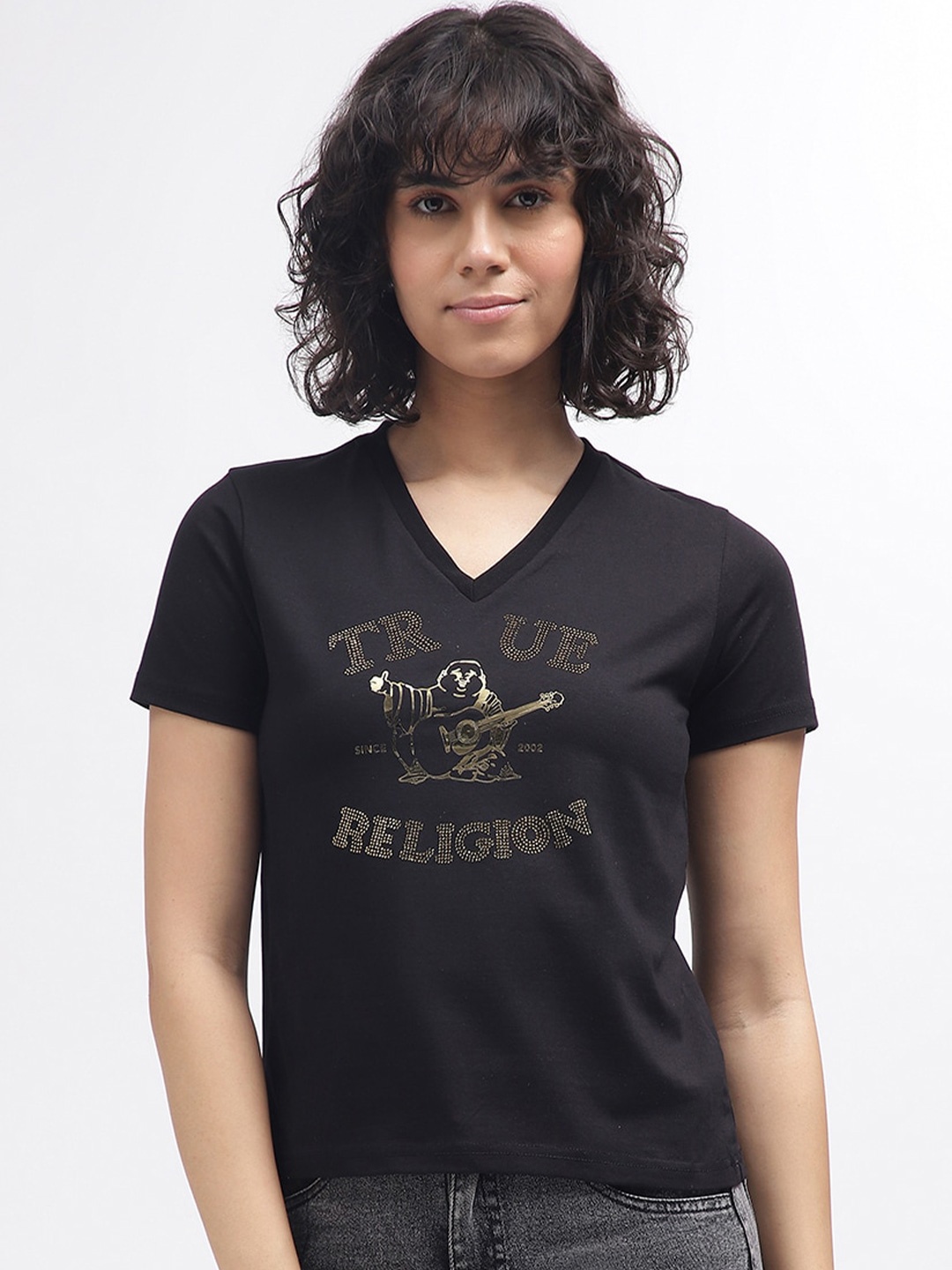 True Religion Women Typography Printed V-Neck T-shirt, Black