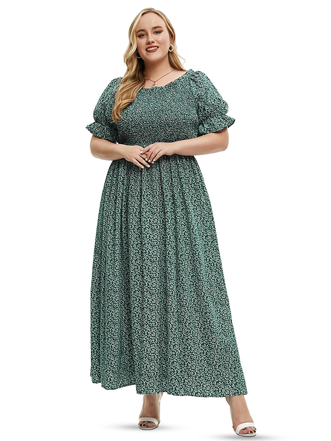 

LULU & SKY Women Abstract Print Puff Sleeve Maxi Dress, Green