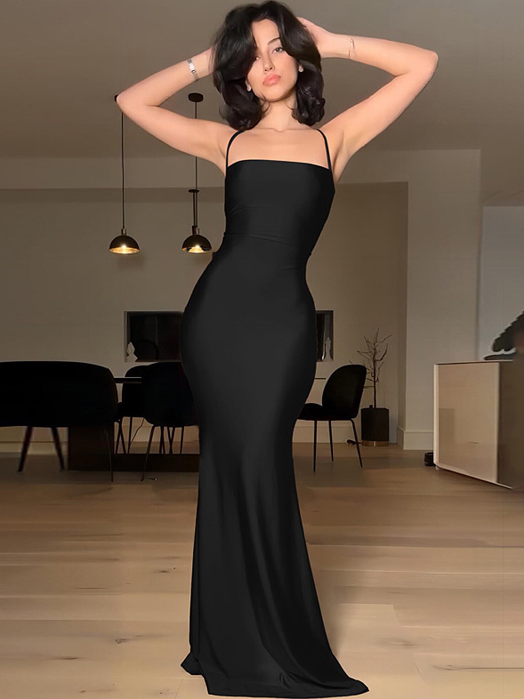 

LULU & SKY Women Tie-up Back Fishtail Maxi Dress, Black