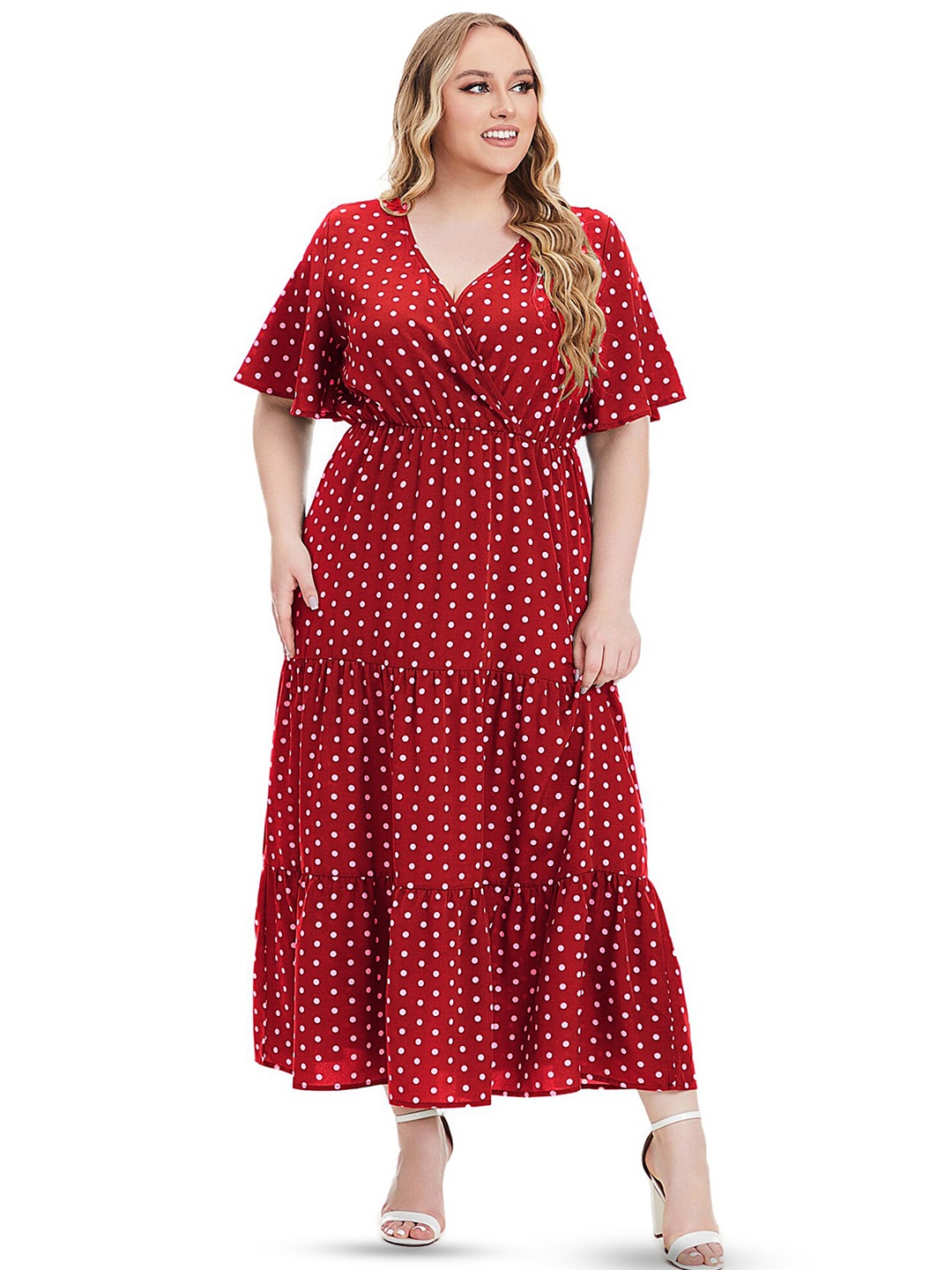 

LULU & SKY Polka Dot Print Flared Sleeve Maxi Dress (Plus Size), Red