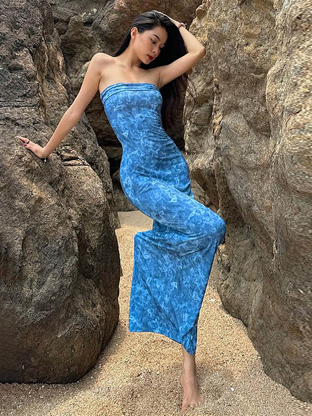 

LULU & SKY Women Off-Shoulder Sheath Midi Bandeau Dress, Blue