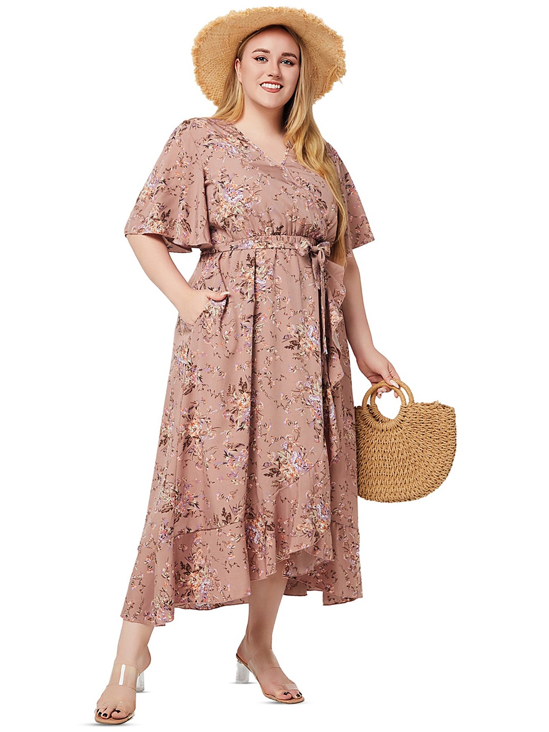 

LULU & SKY Women Floral Print Flared Sleeve Empire Midi Dress, Pink