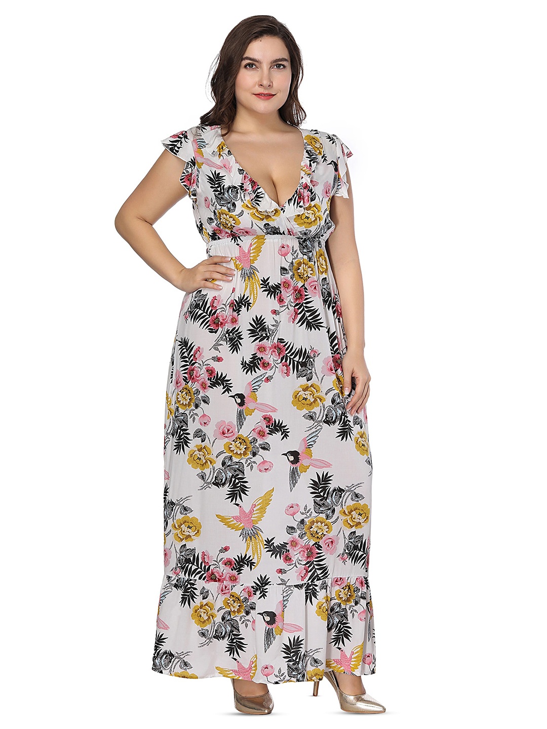 

LULU & SKY Women Floral Print Flutter Sleeve Maxi Dress, White