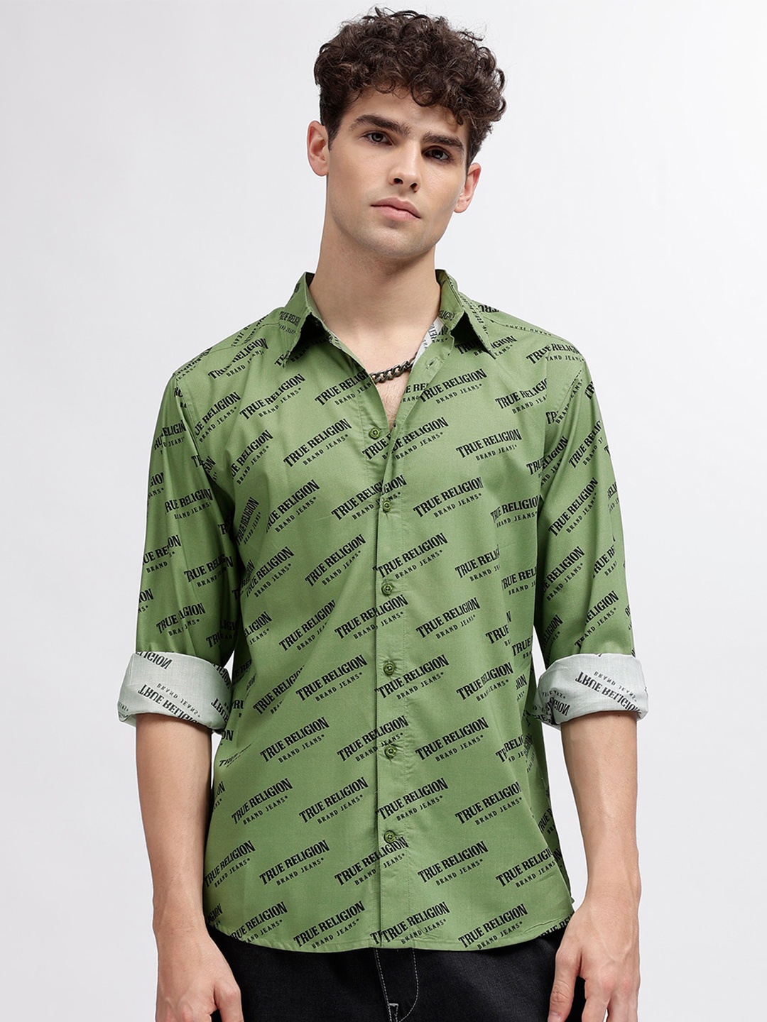 

True Religion Men Opaque Printed Casual Shirt, Green
