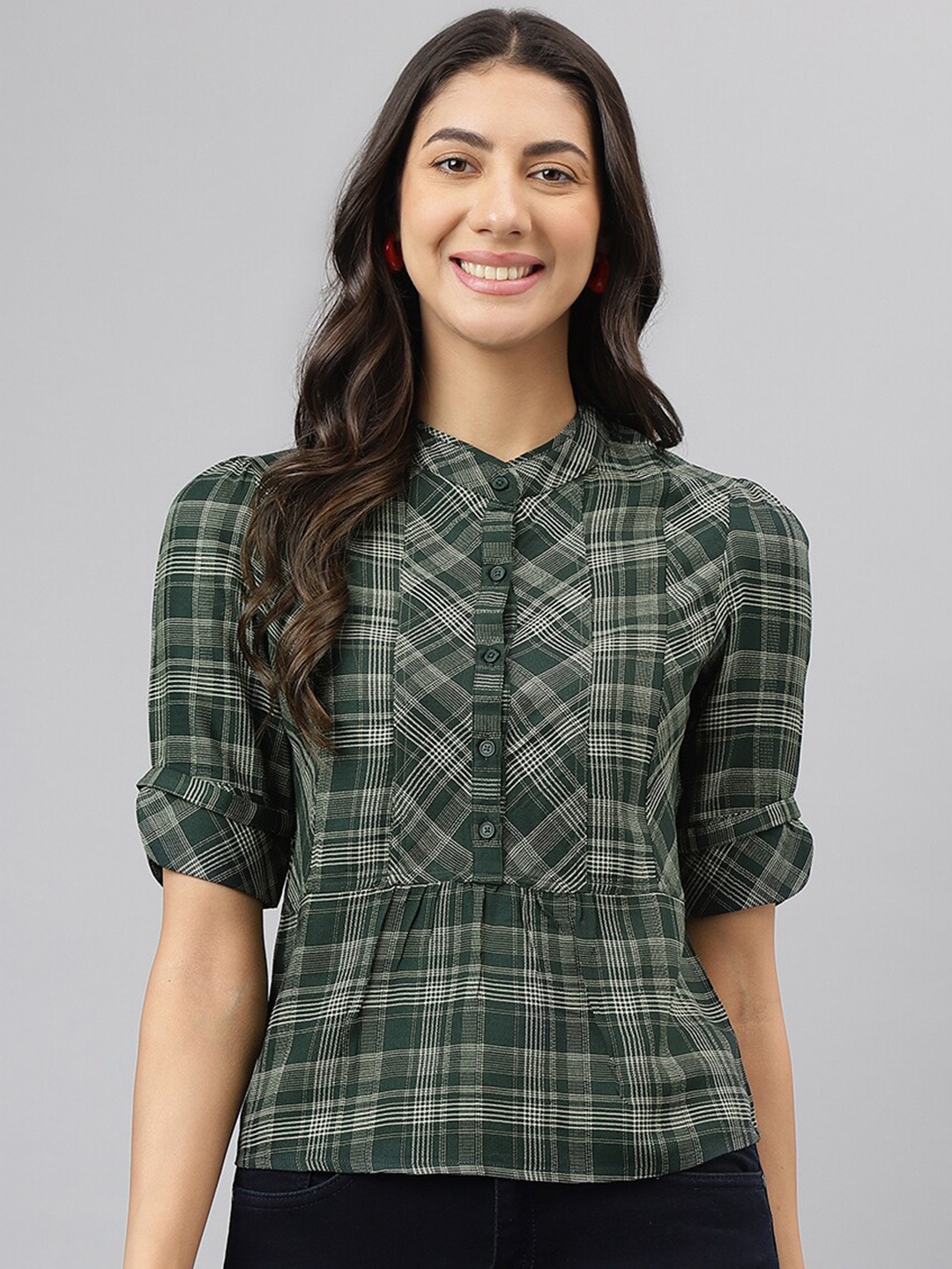 

Latin Quarters Checked Roll-Up Sleeves Shirt Style Top, Green