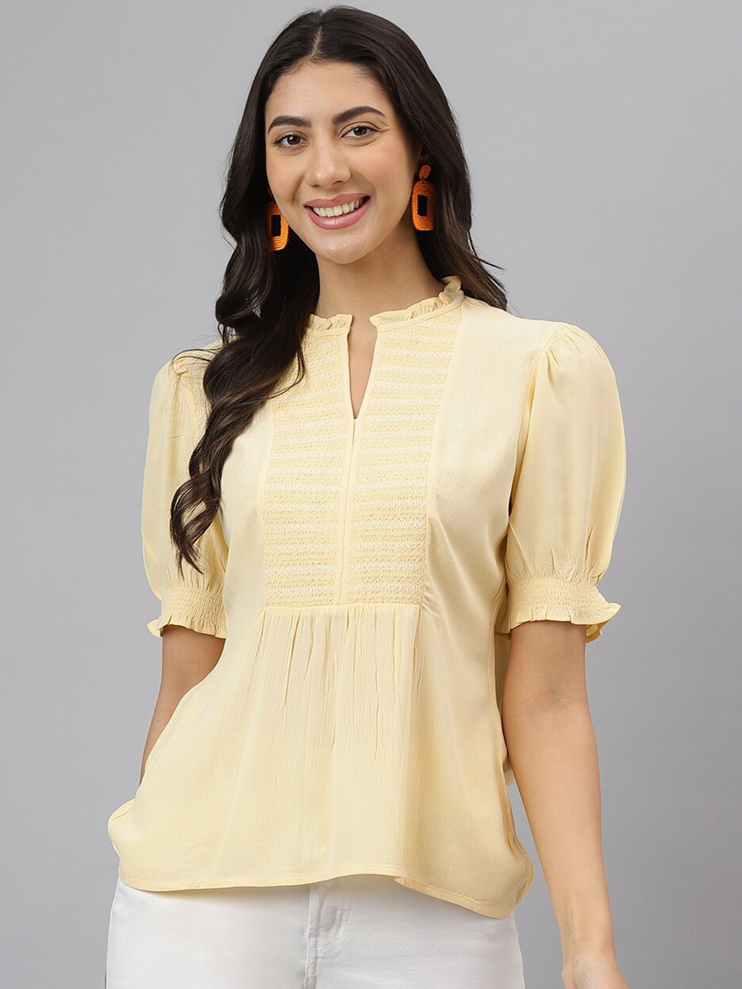 

Latin Quarters Keyhole Neck Puff Sleeve Top, Yellow