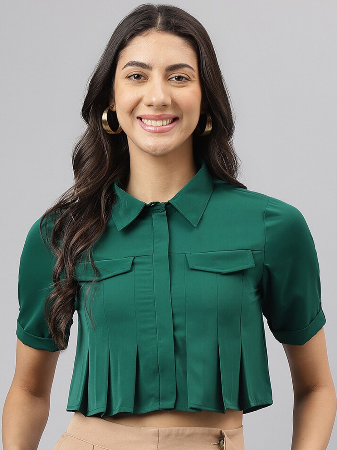 

Latin Quarters Puff Sleeve Shirt Style Top, Green