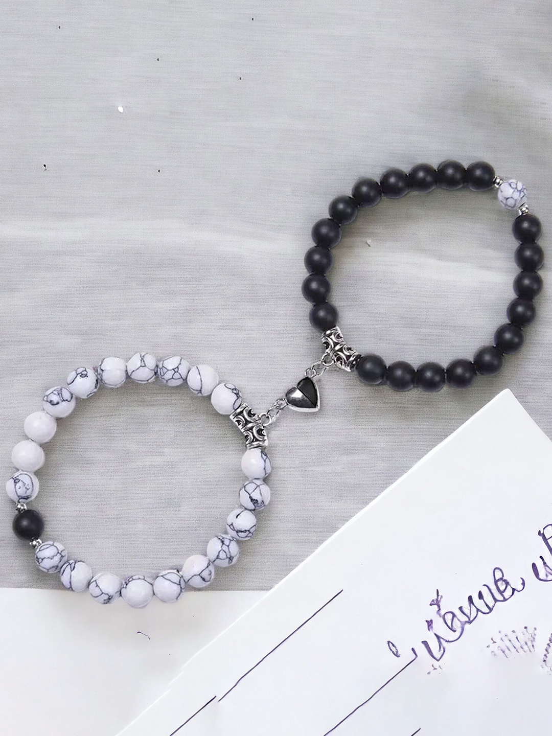 

Okos Unisex Set Of 2 Beads-Beaded Heart Shape Couple Bracelets, Black