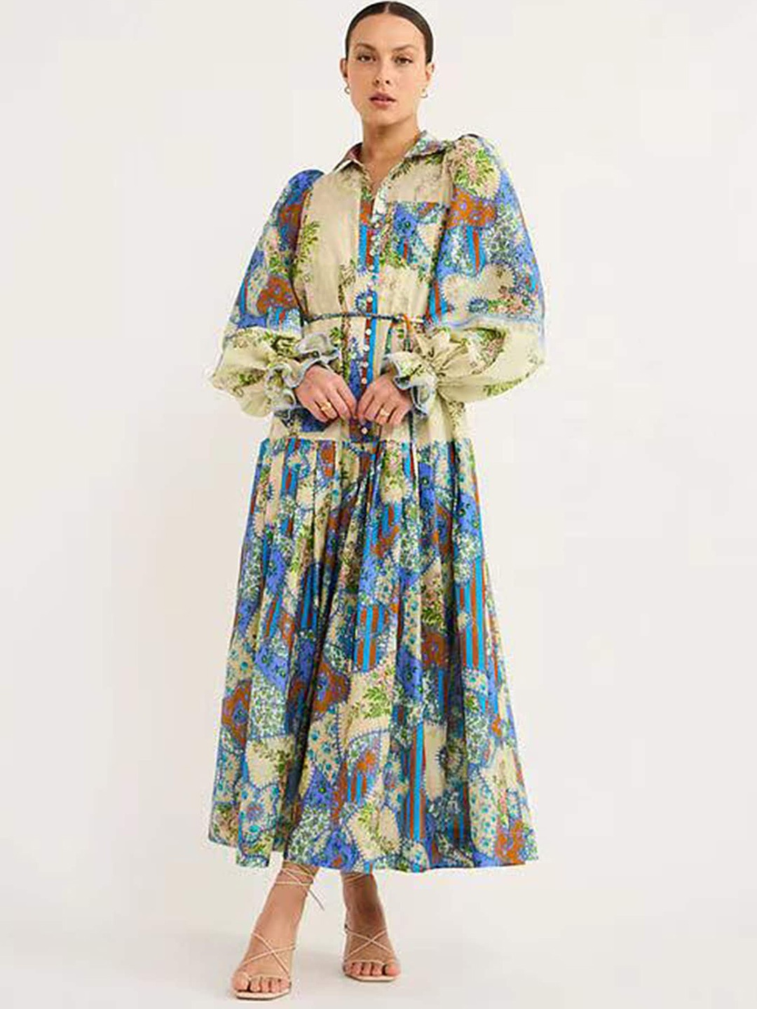 

LULU & SKY Women Floral Print Puff Sleeve Fit & Flare Maxi Dress, Blue