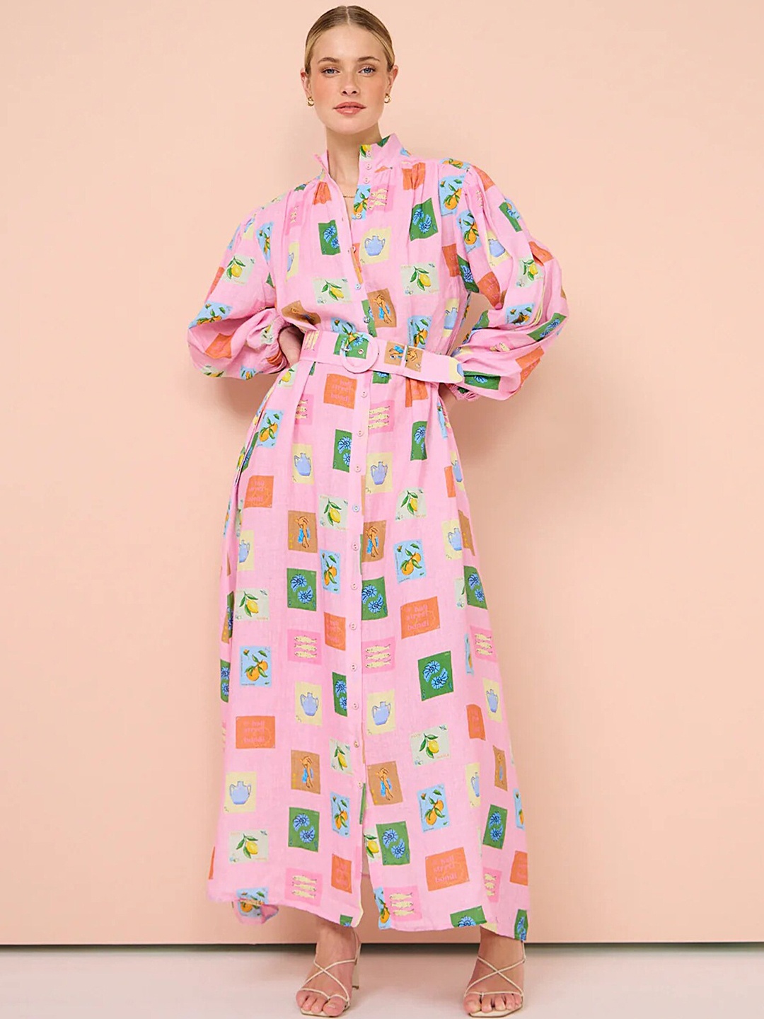 

LULU & SKY Print Long Sleeves Maxi Dress, Pink