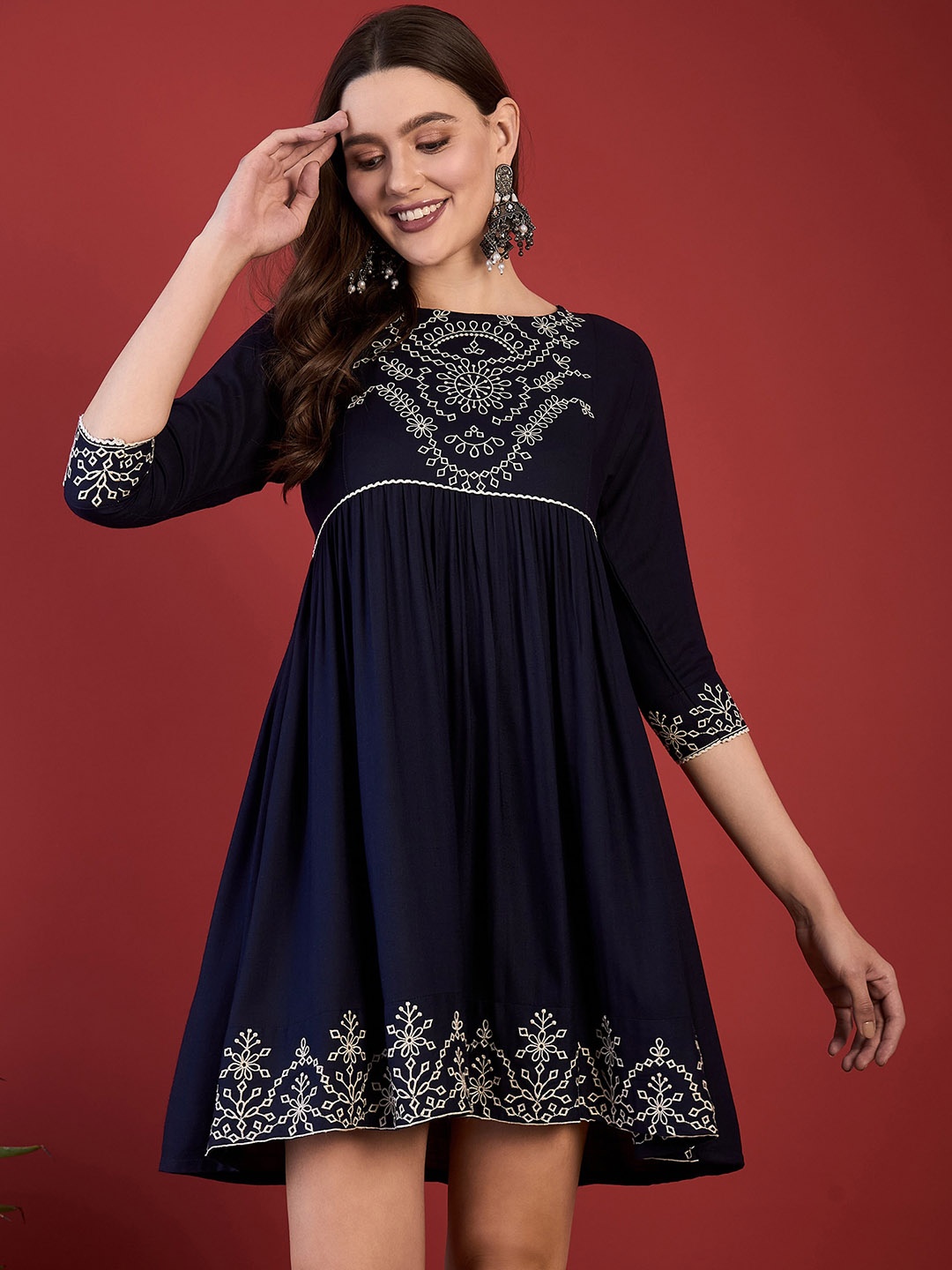 

Anouk Embroidered Fit & Flare Knee Length Ethnic Dress, Navy blue