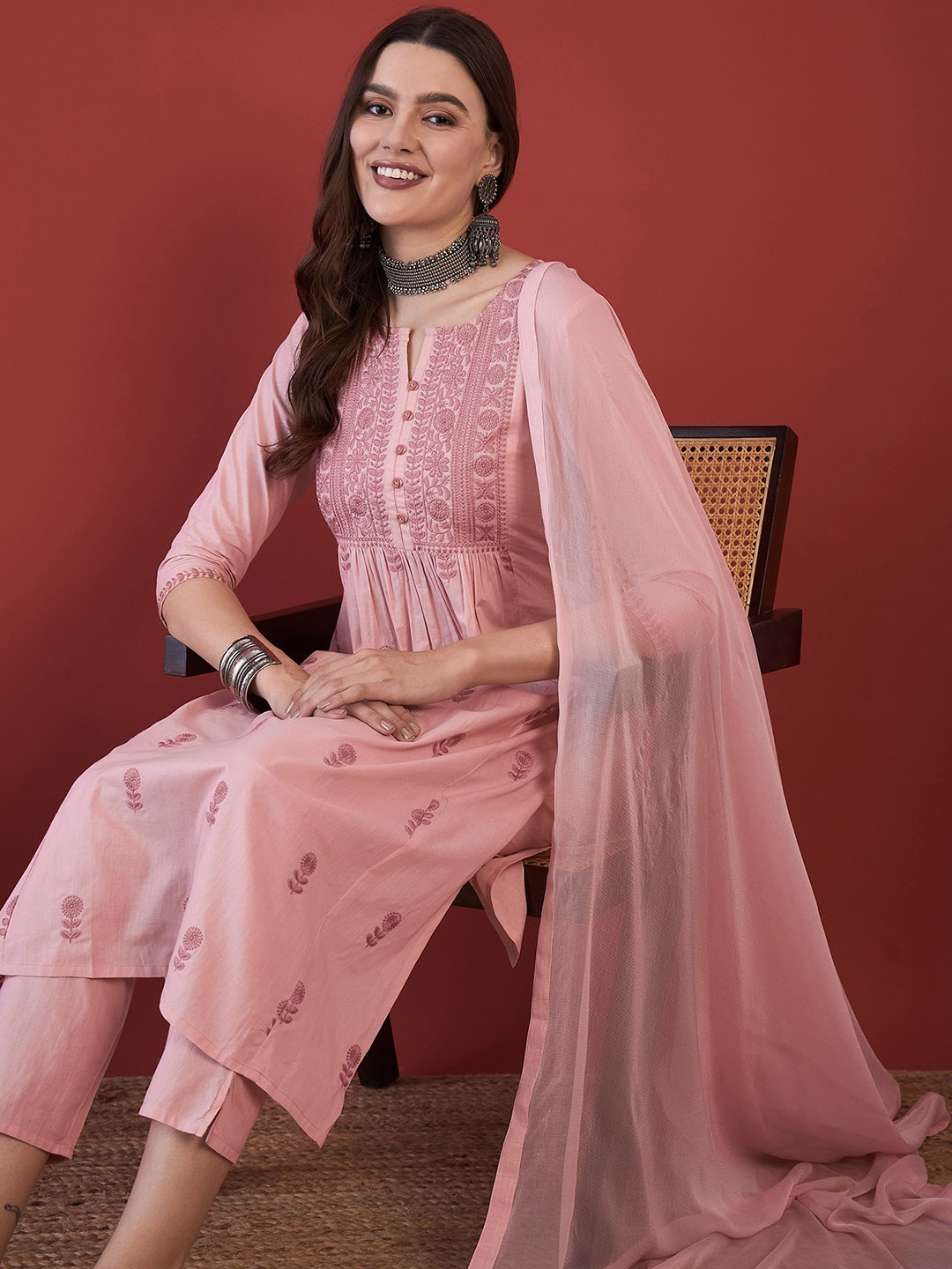 

Anouk Floral Embroidered Thread Work Pure Cotton Kurta with Trousers & Dupatta, Peach