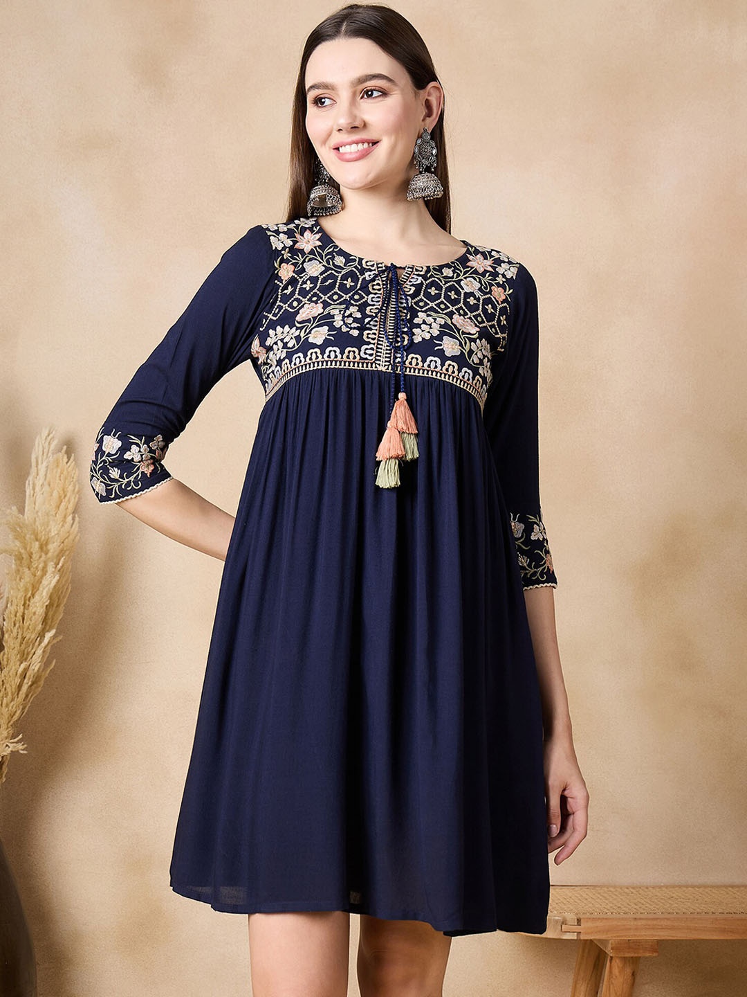 

Anouk Embroidered A-Line Above Knee Ethnic Dress, Navy blue